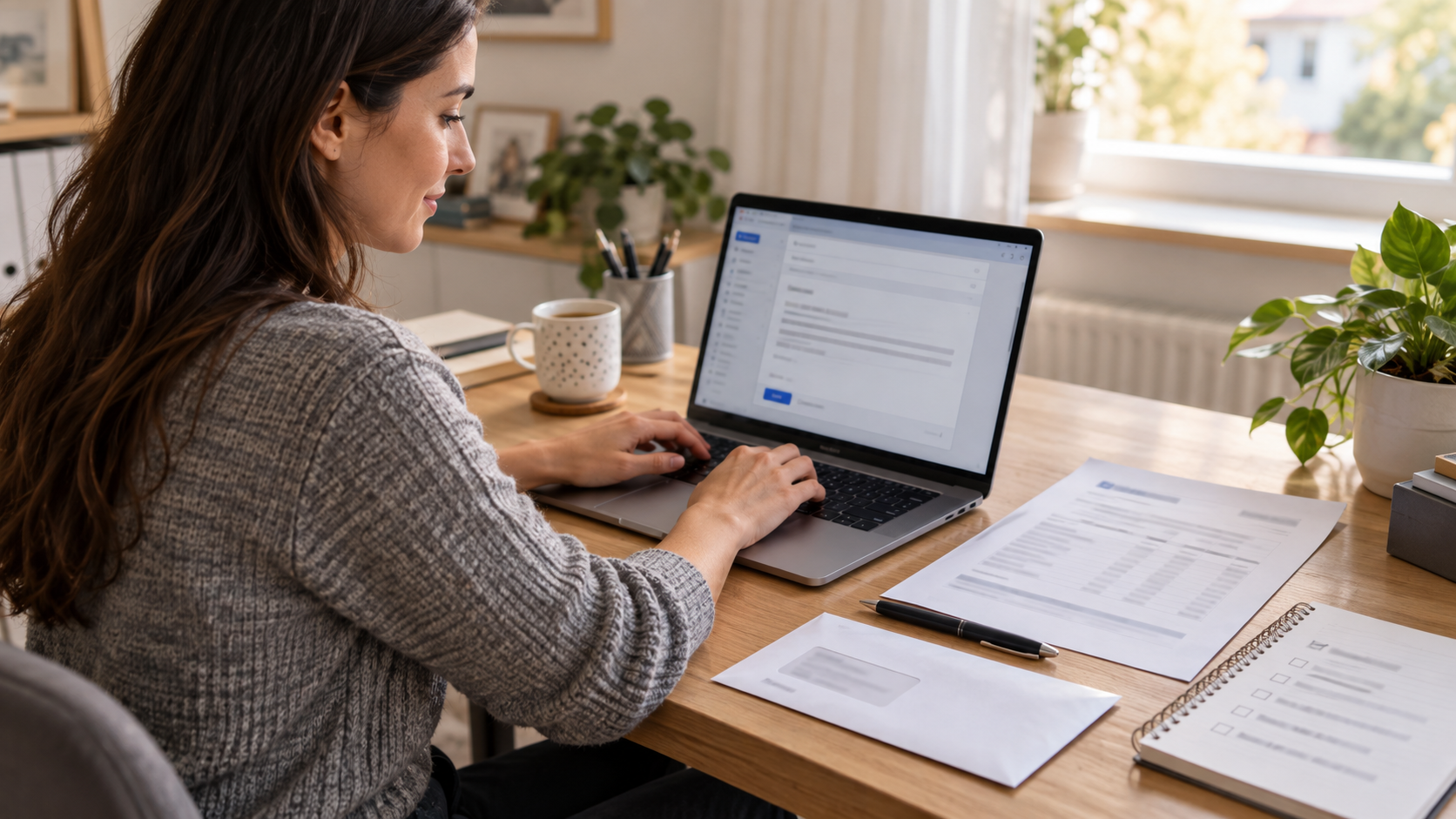 Arbeitnehmerin formuliert am Laptop eine konkrete Lohnforderung und sichert Unterlagen für den Zugangsbeleg.