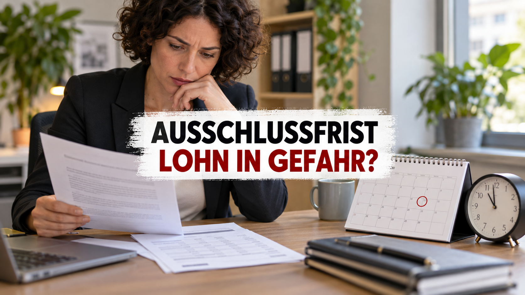 Arbeitnehmerin prüft Vertrag, Lohnabrechnung und Kalender mit dem zentralen Hinweis: Ausschlussfrist – Lohn in Gefahr?