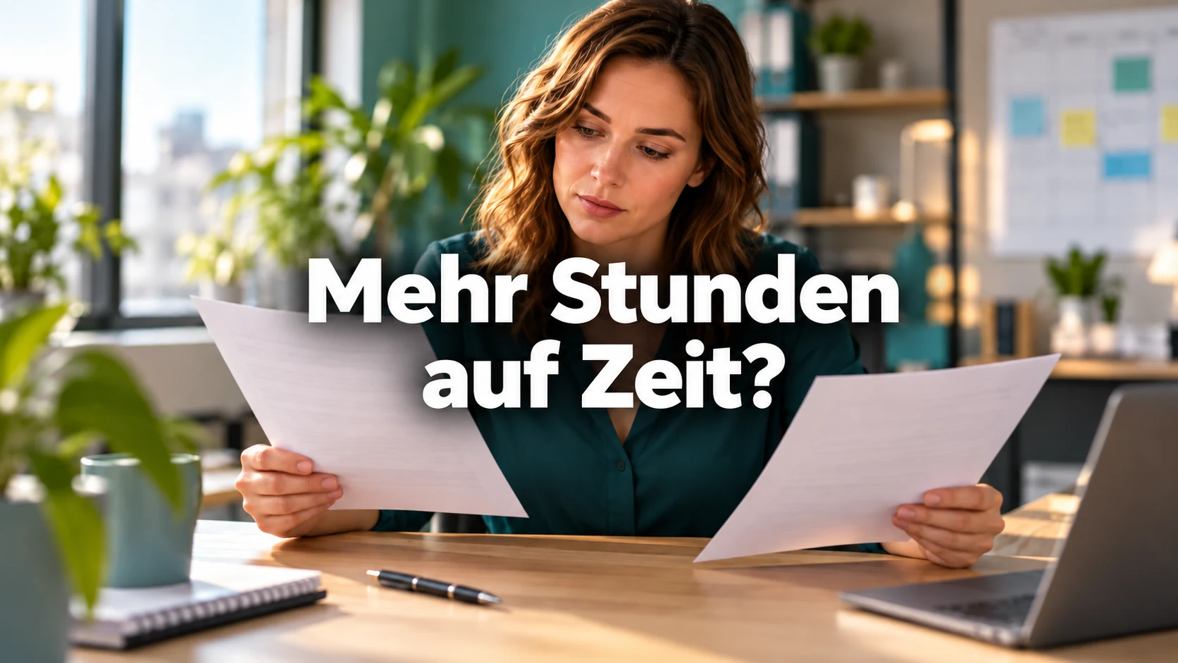 Fiktive Beschäftigte vergleicht zwei Vertragsunterlagen am Schreibtisch; zentrale Frage: Mehr Stunden auf Zeit?