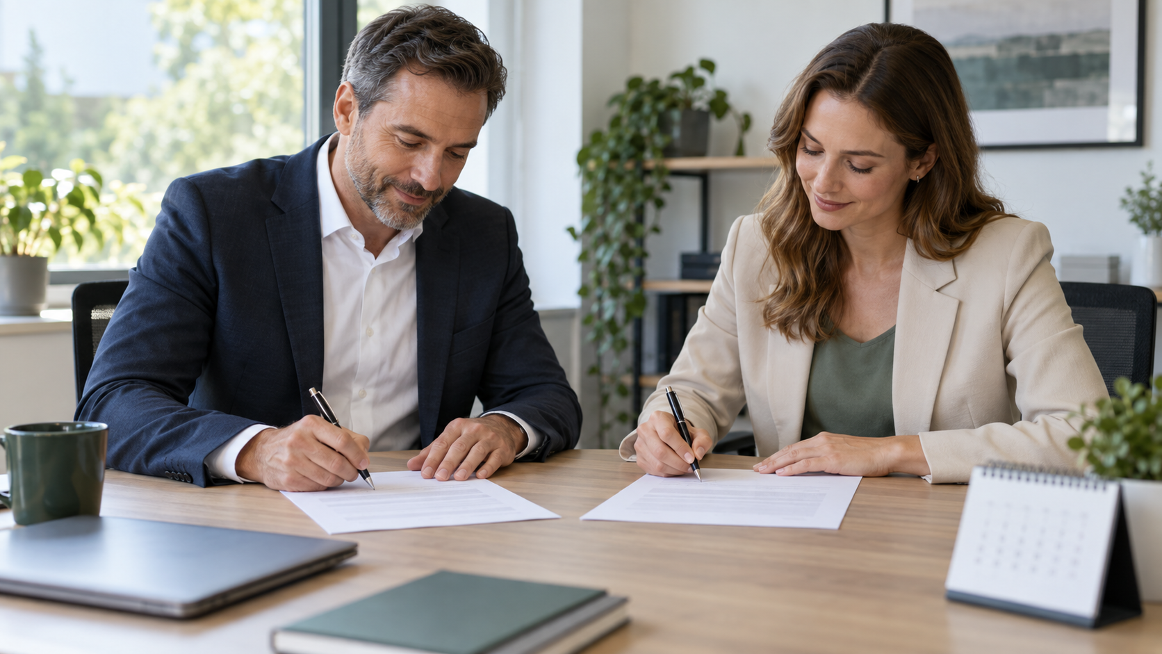 Arbeitgeber und Arbeitnehmerin unterzeichnen vor Arbeitsbeginn zwei Exemplare eines befristeten Arbeitsvertrags.