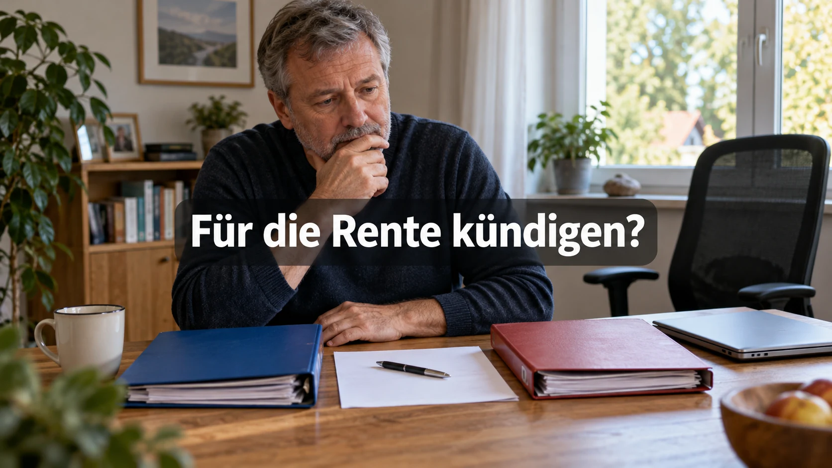 Fiktiver Beschäftigter vergleicht Unterlagen am heimischen Schreibtisch neben einem leeren Bürostuhl. Zentraler Text: Für die Rente kündigen?