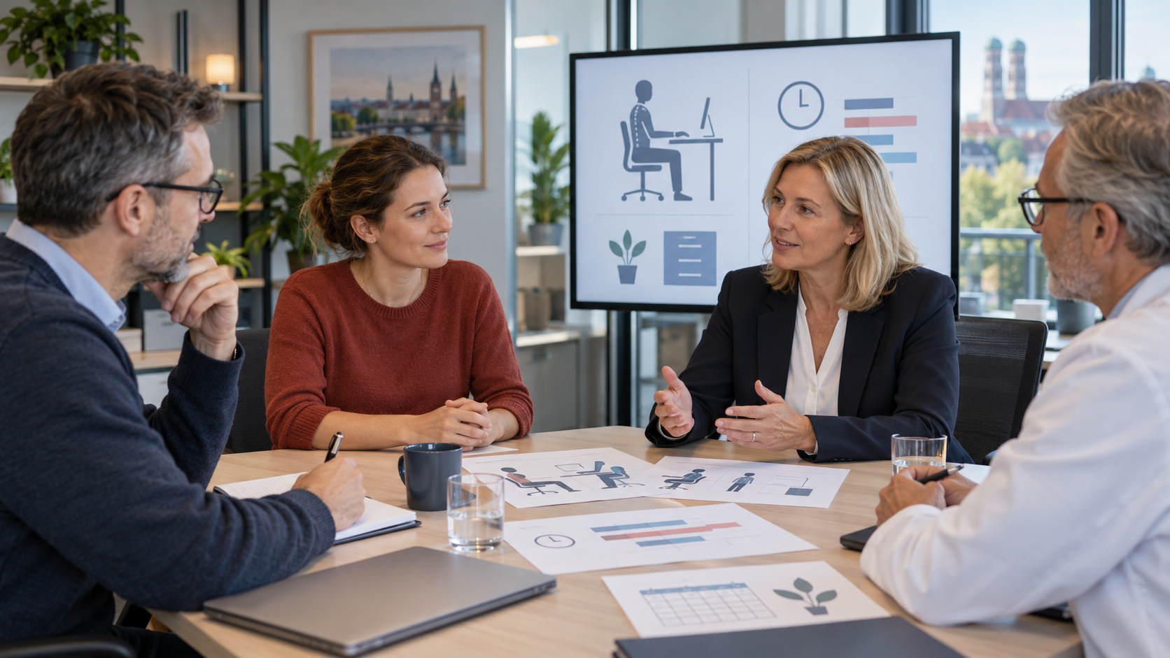 Beschäftigte bespricht mit Personalstelle, Betriebsrat und Betriebsarzt mögliche Anpassungen des Arbeitsplatzes.