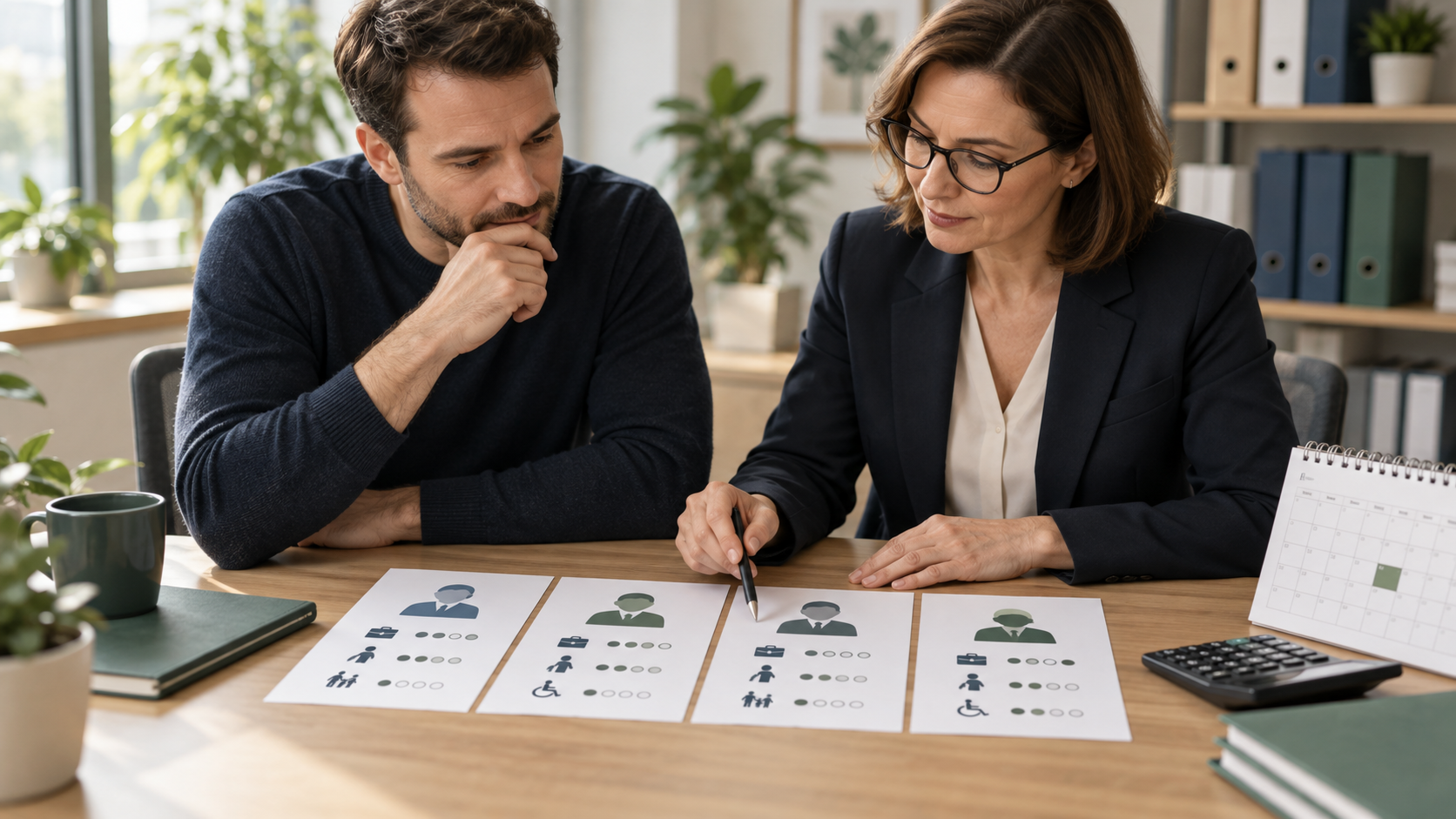 Arbeitnehmer und Beraterin vergleichen anonymisierte Sozialdaten mehrerer Beschäftigter.