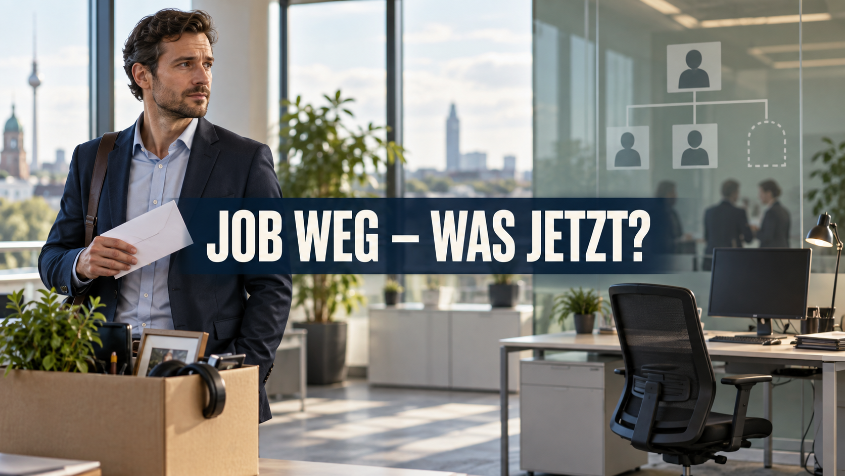 Arbeitnehmer mit Kündigungsbrief vor einem leeren Arbeitsplatz und der Frage: Job weg – was jetzt?