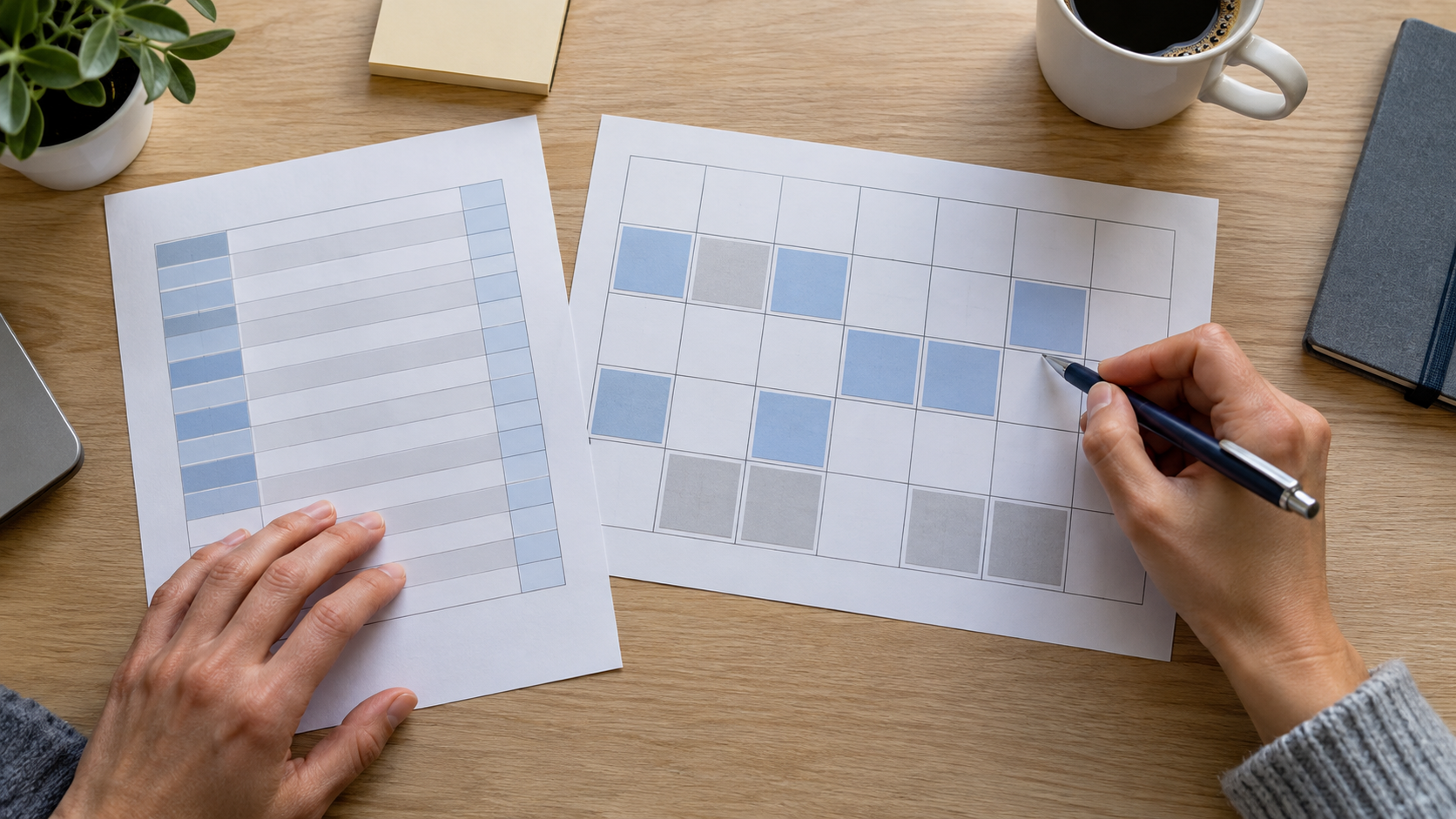 Hände vergleichen einen neutralen Kalender mit markierten Arbeitstagen und eine anonyme Übersicht des Urlaubskontos.