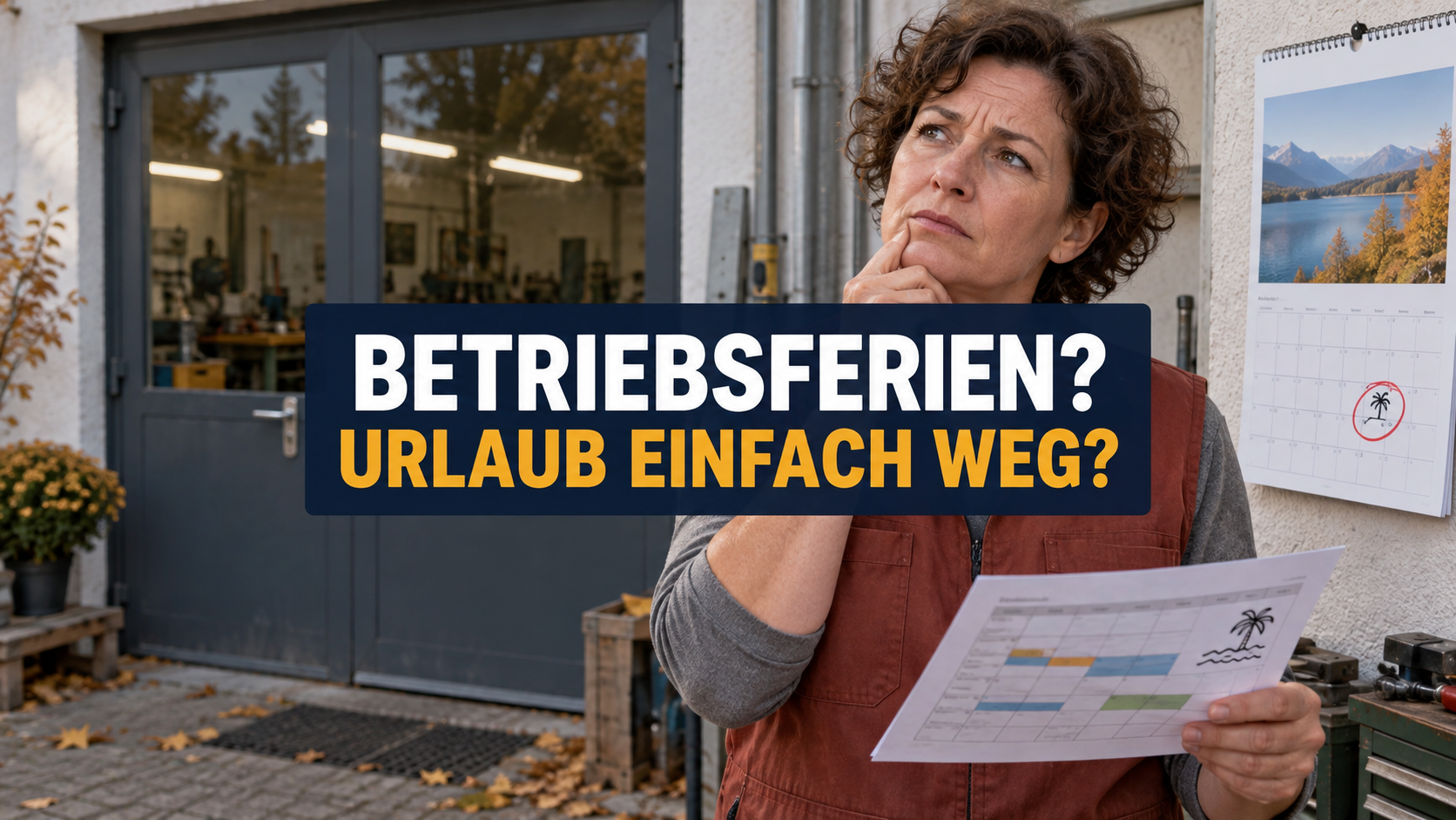 Beschäftigte vor einer geschlossenen Werkstatt mit Urlaubsplan; zentraler Hinweis: Betriebsferien? Urlaub einfach weg?