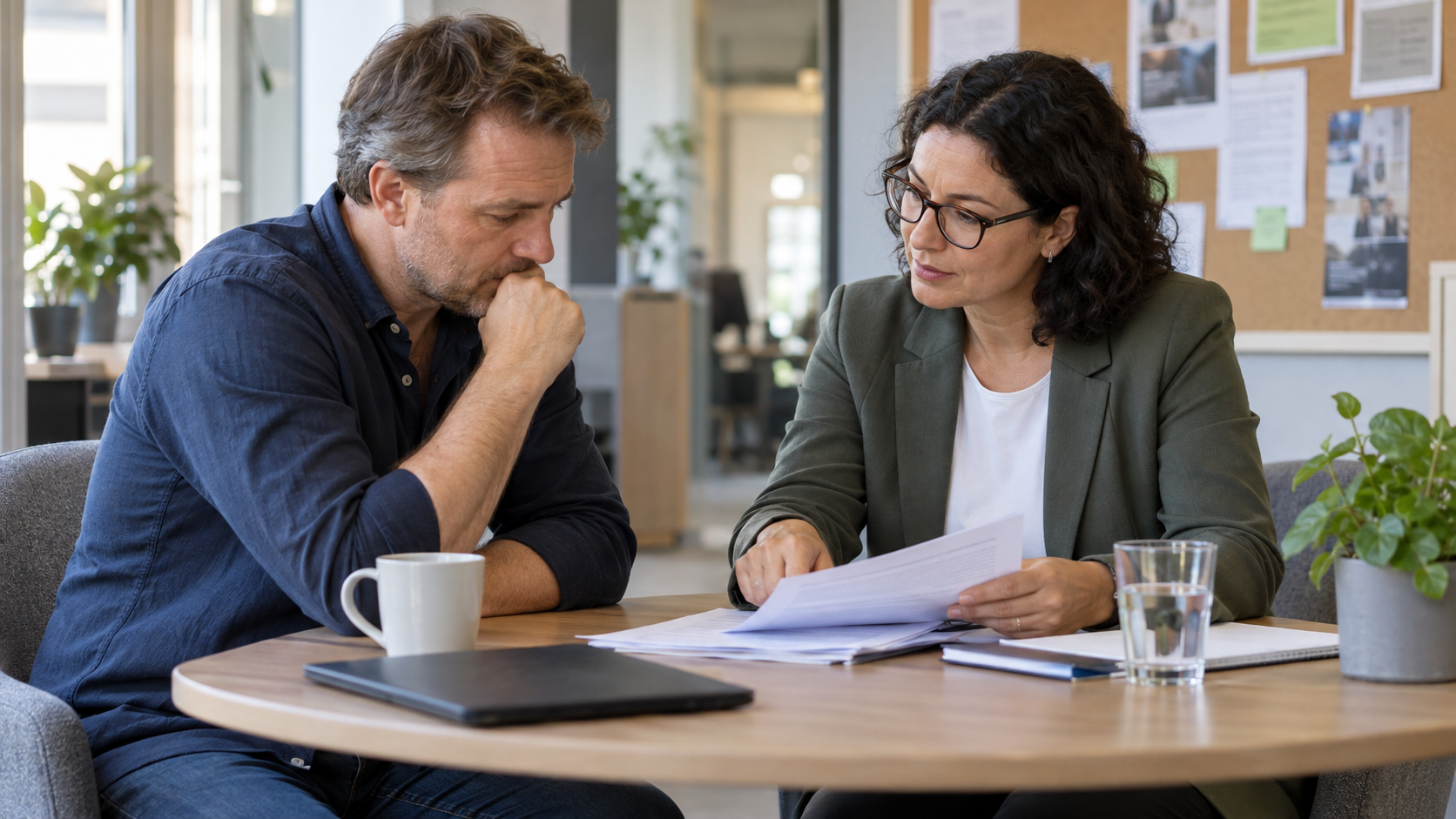 Arbeitnehmer bespricht fiktive Kündigungsunterlagen mit einer Betriebsratsvertreterin in einem ruhigen Besprechungsraum.