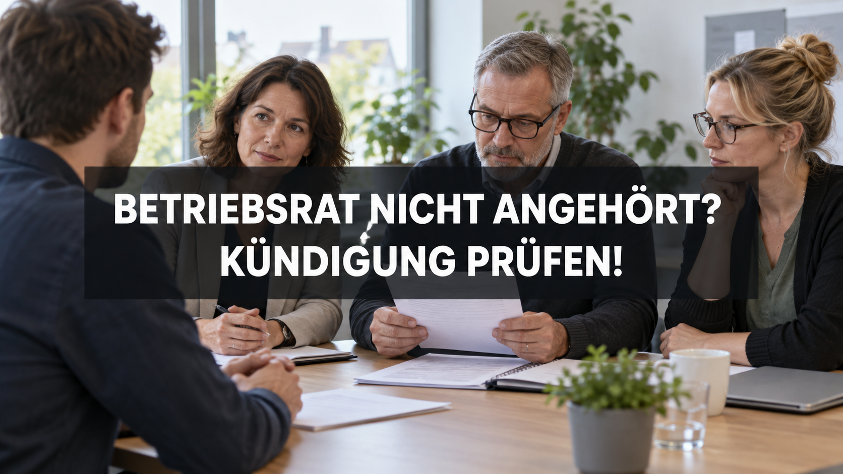 Arbeitnehmer bespricht eine fiktive Kündigung mit drei Mitarbeitervertretern; zentraler Schriftzug: Betriebsrat nicht angehört? Kündigung prüfen!