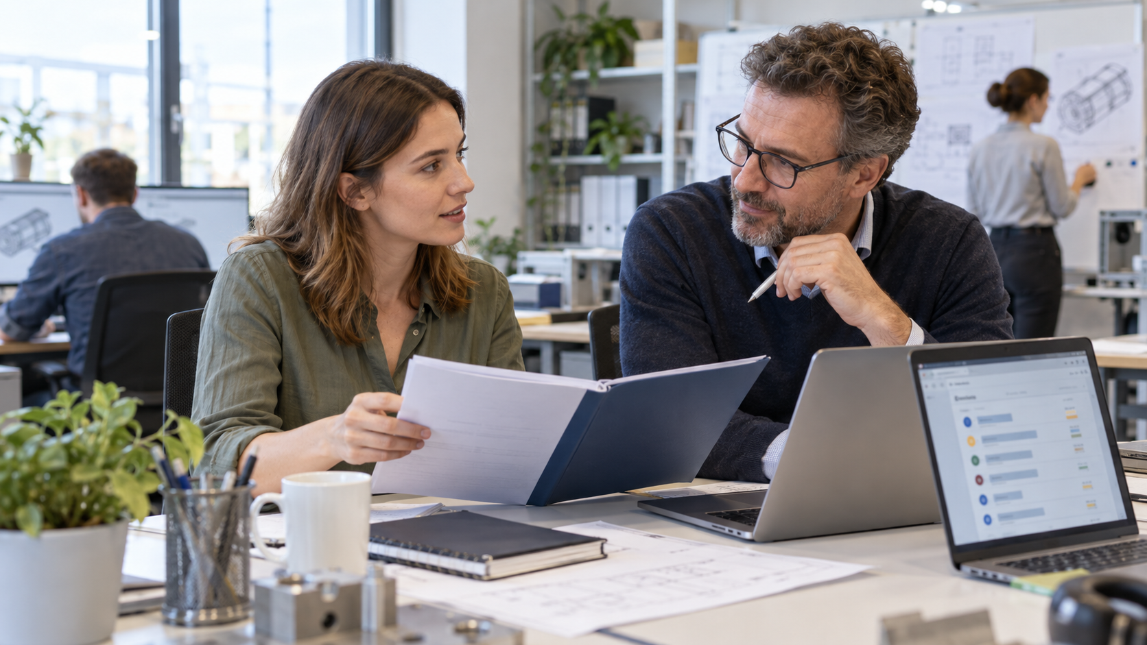Arbeitnehmerin und Mitarbeitervertreter prüfen Unterlagen und eine mögliche weitere Arbeitszuweisung am Arbeitsplatz.