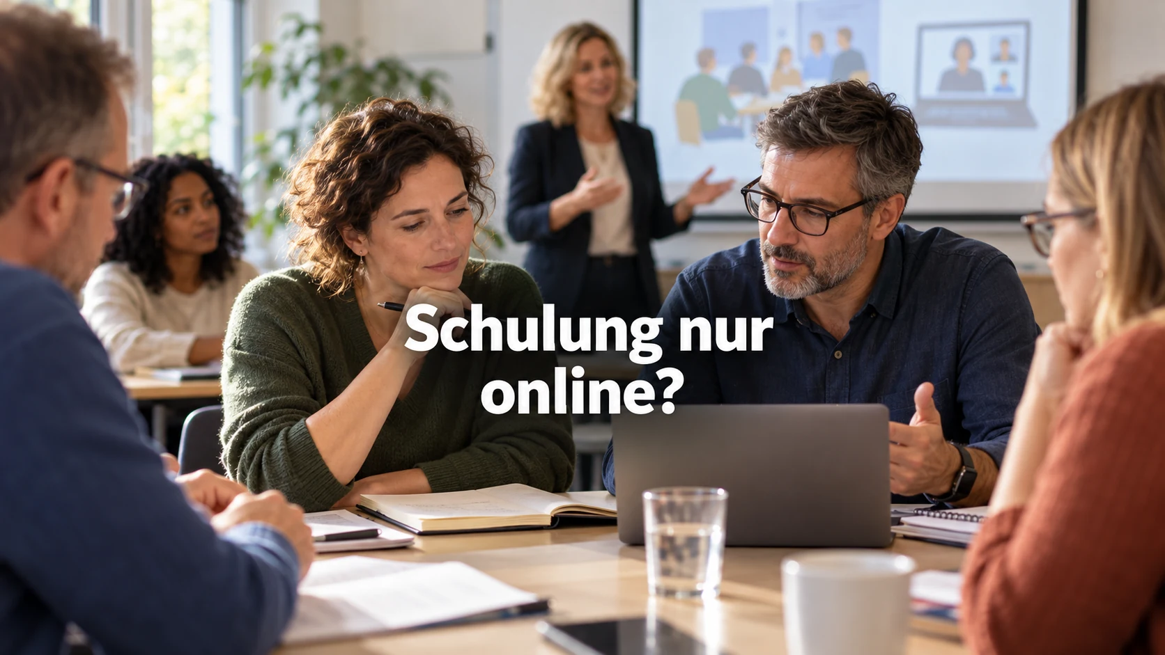 Fiktive Arbeitnehmervertreter diskutieren in einem Seminarraum; zentral steht: Schulung nur online?