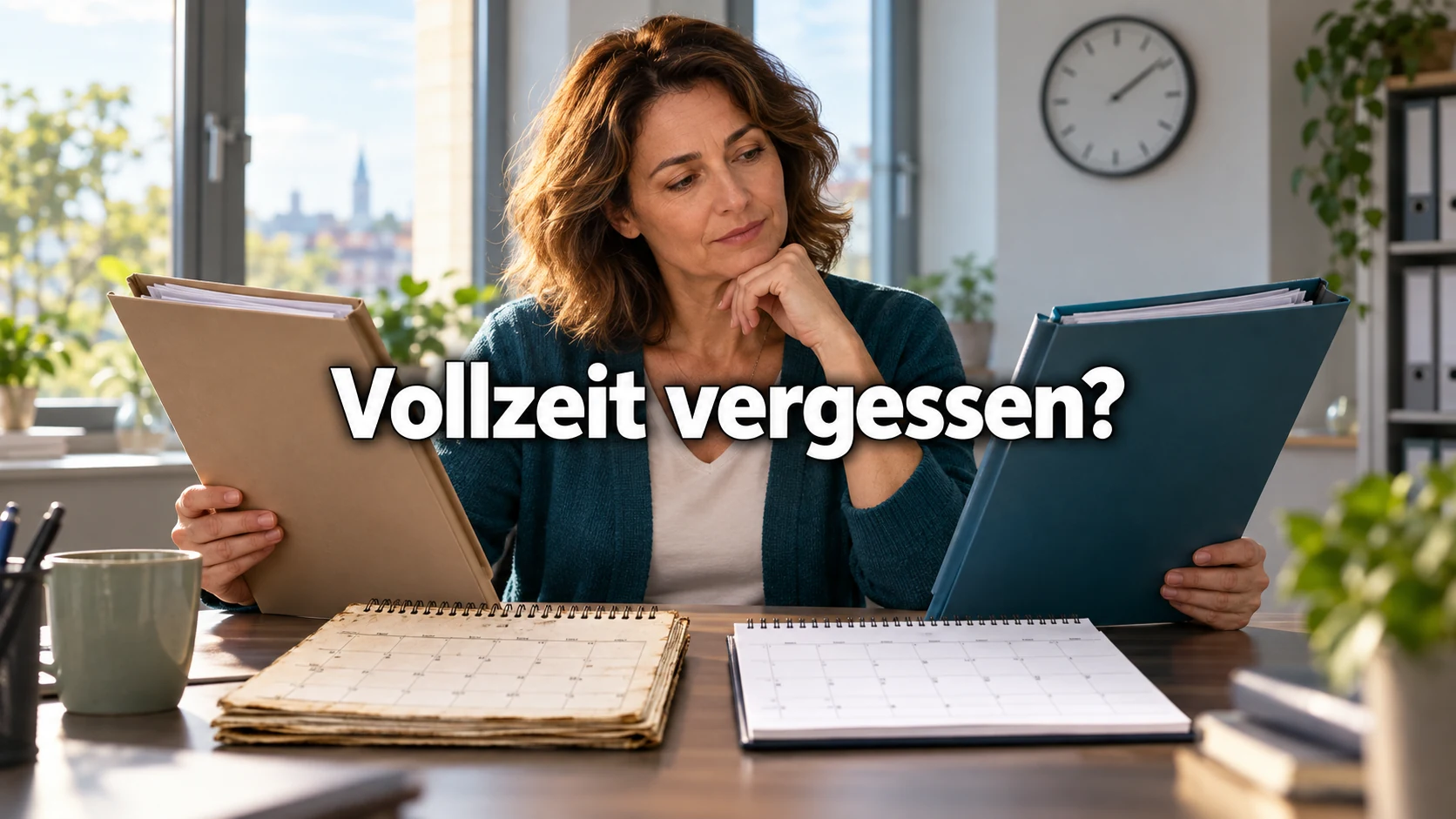 Fiktive Beschäftigte vergleicht zwei Arbeitsmappen und Kalender am Büroschreibtisch. Zentraler Text: Vollzeit vergessen?
