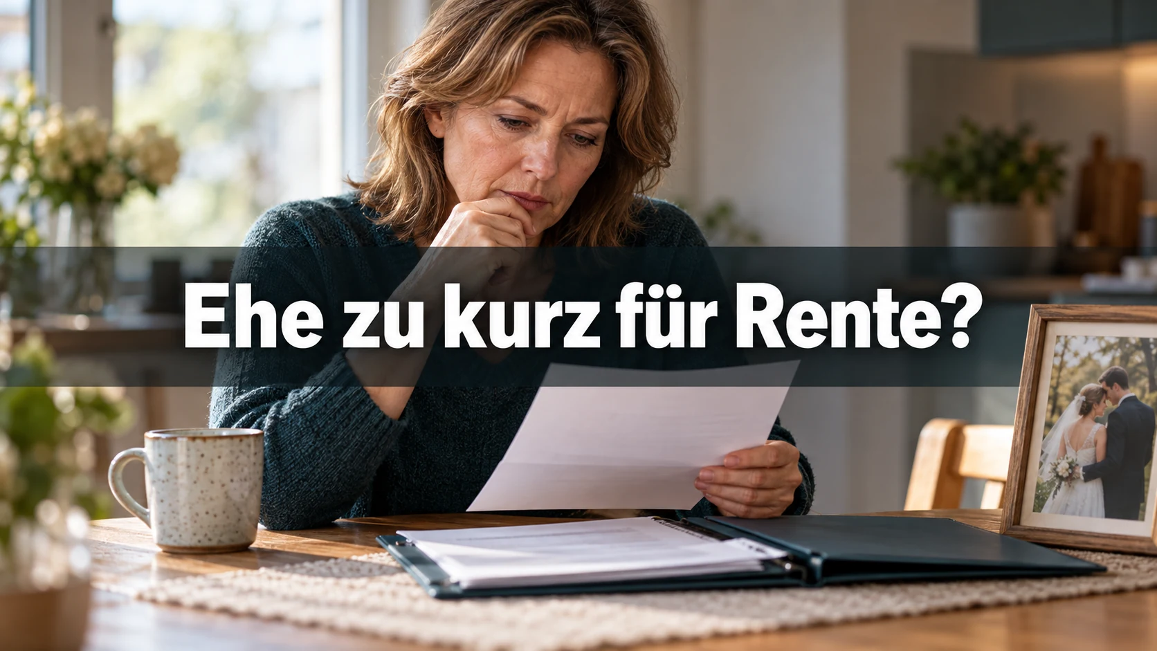 Fiktive Frau prüft einen Rentenbrief am Küchentisch neben einem Hochzeitsfoto; zentral steht: Ehe zu kurz für Rente?