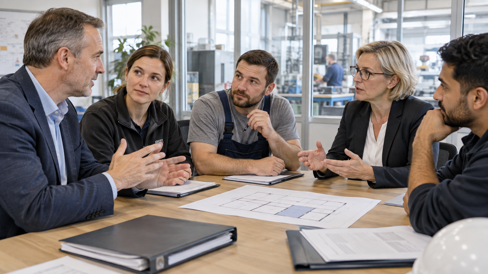 Beschäftigte besprechen eine geplante Betriebsübertragung mit Führungskraft und Interessenvertretung an einem Tisch.
