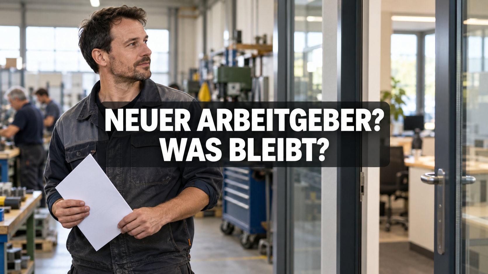 Arbeitnehmer mit Informationsbrief in einer Werkstatt; zentrale Frage: Neuer Arbeitgeber? Was bleibt?