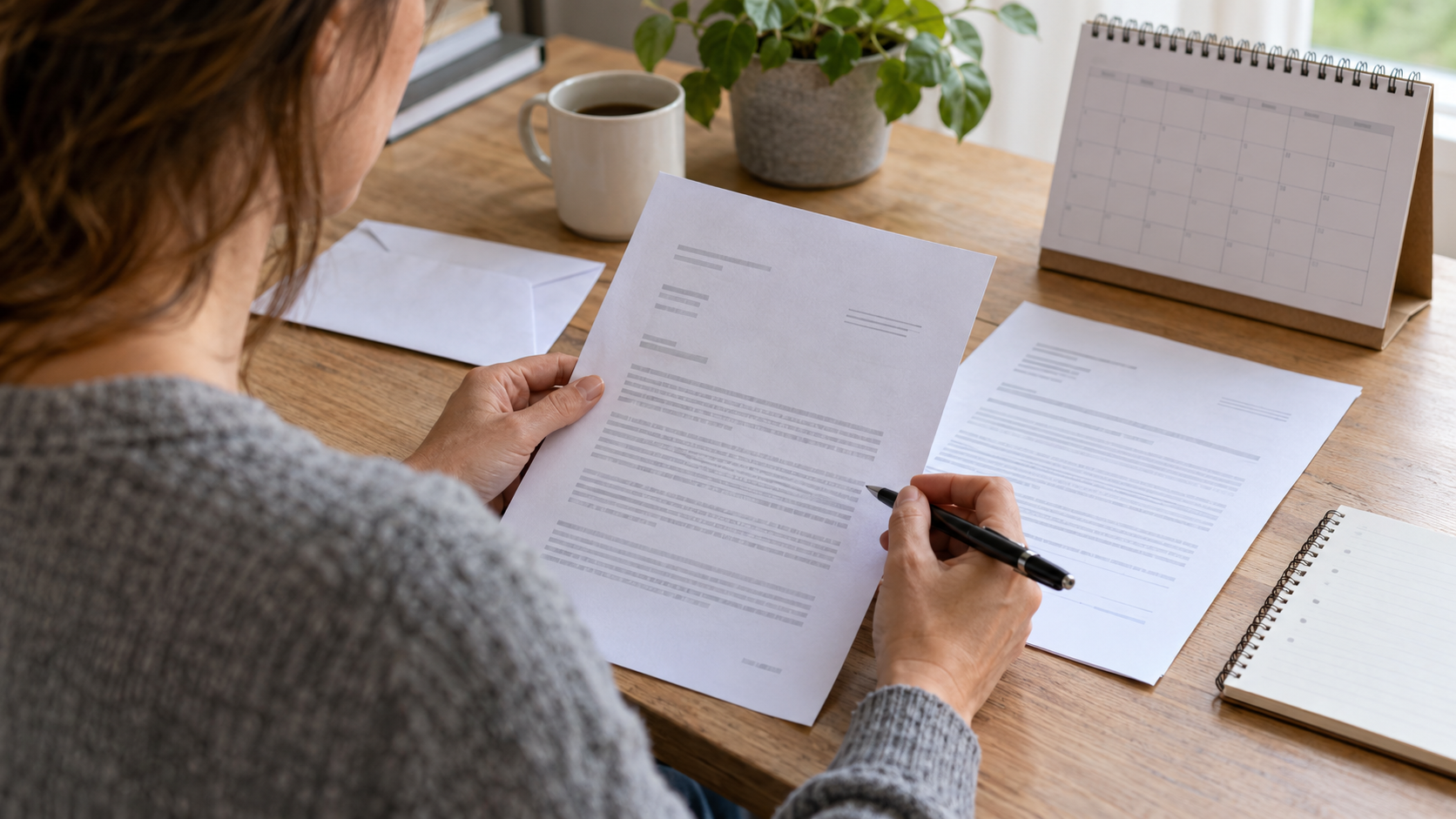 Arbeitnehmerin vergleicht Informationsbrief und Vertragsunterlagen neben einem Kalender, ohne zu unterschreiben.