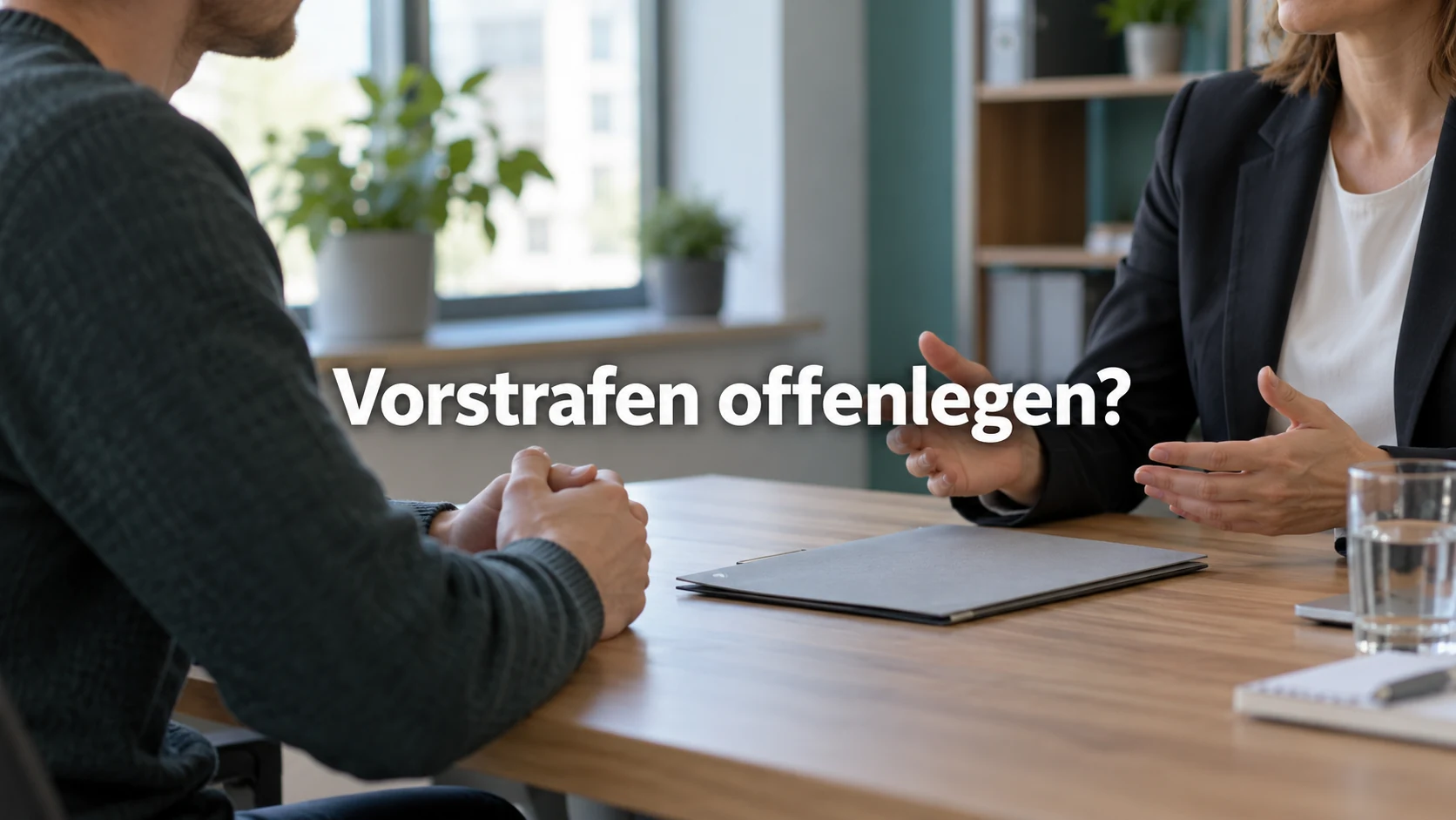 Fiktives Bewerbungsgespräch mit einer neutralen Unterlagenmappe. Zentraler Text: Vorstrafen offenlegen?