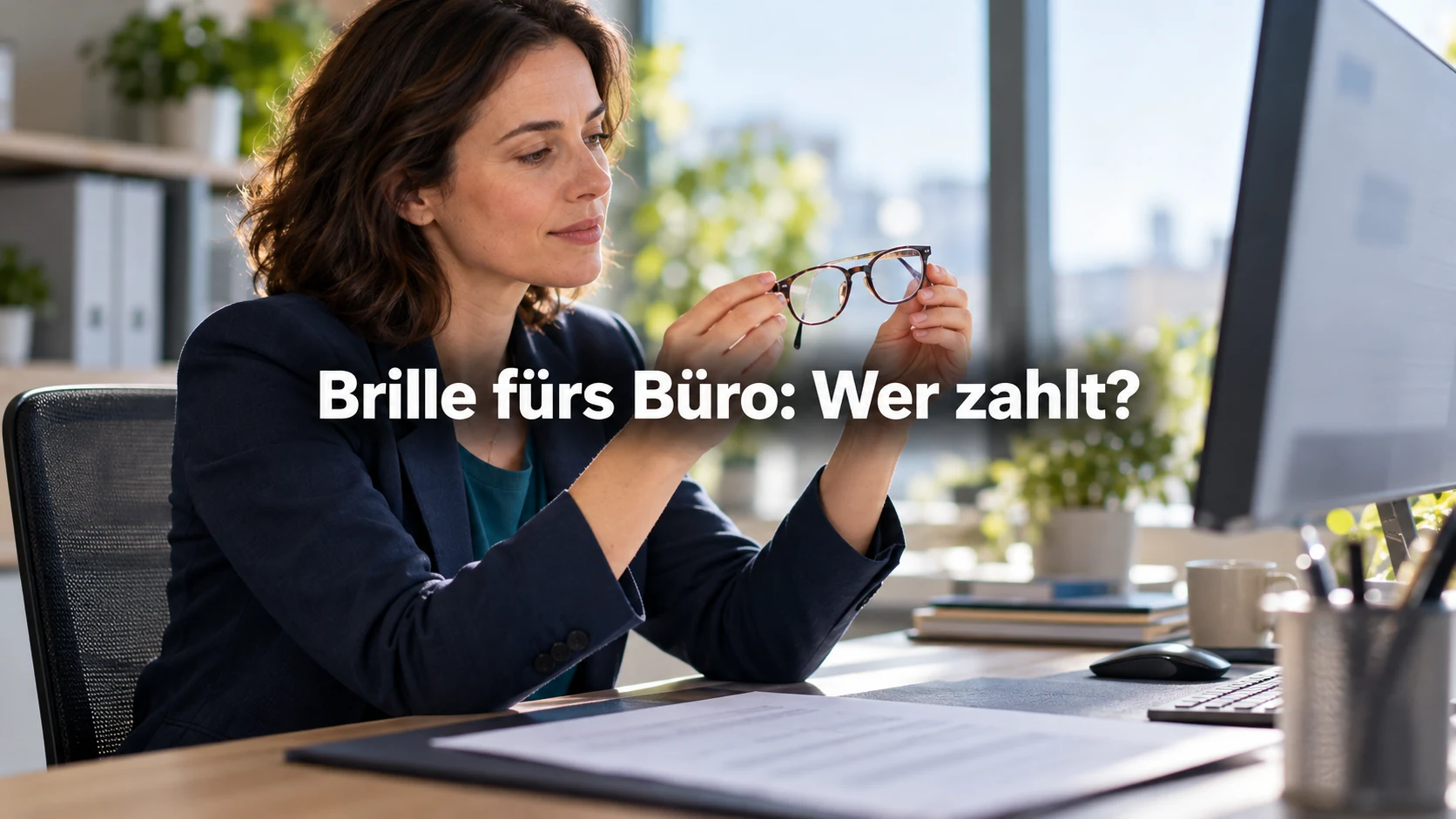 Fiktive Beschäftigte hält eine Brille vor ihrem Büromonitor; zentral steht: Brille fürs Büro: Wer zahlt?