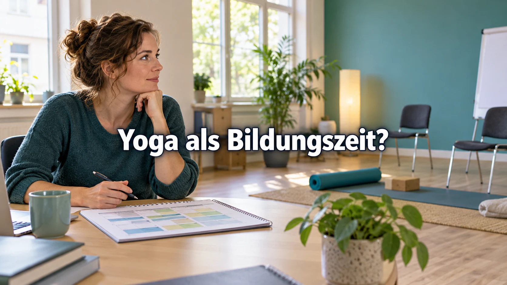 Fiktive Beschäftigte mit Kursplan an einem Tisch, dahinter ein heller Schulungsraum mit Yogamatte. Zentraler Text: Yoga als Bildungszeit?