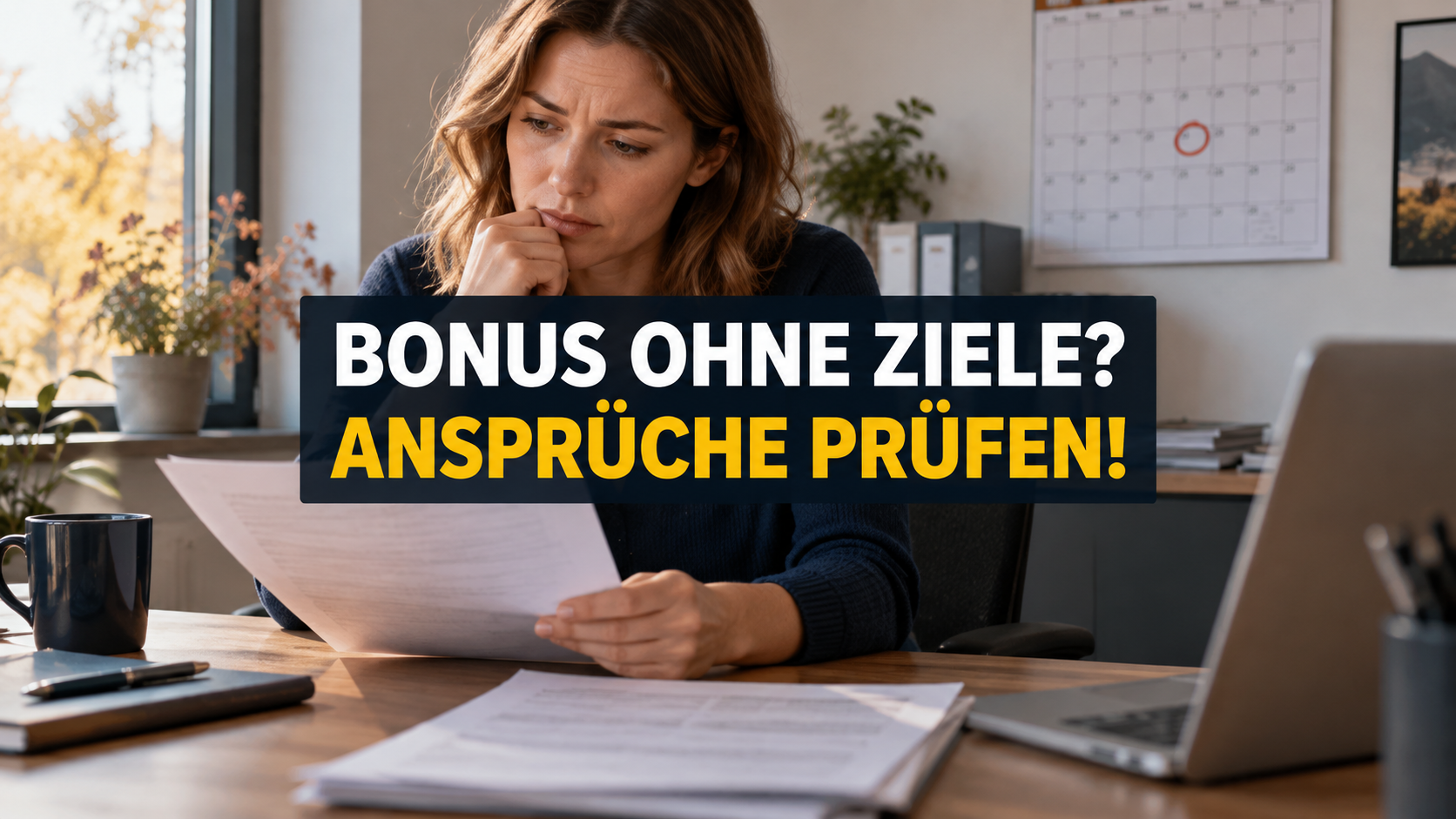 Arbeitnehmerin prüft Bonusunterlagen am Schreibtisch; zentraler Hinweis: Bonus ohne Ziele? Ansprüche prüfen!