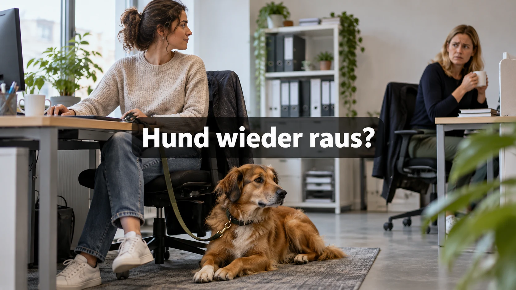Fiktive Beschäftigte mit angeleintem Hund am Büroschreibtisch; eine Kollegin hält Abstand. Zentraler Text: Hund wieder raus?