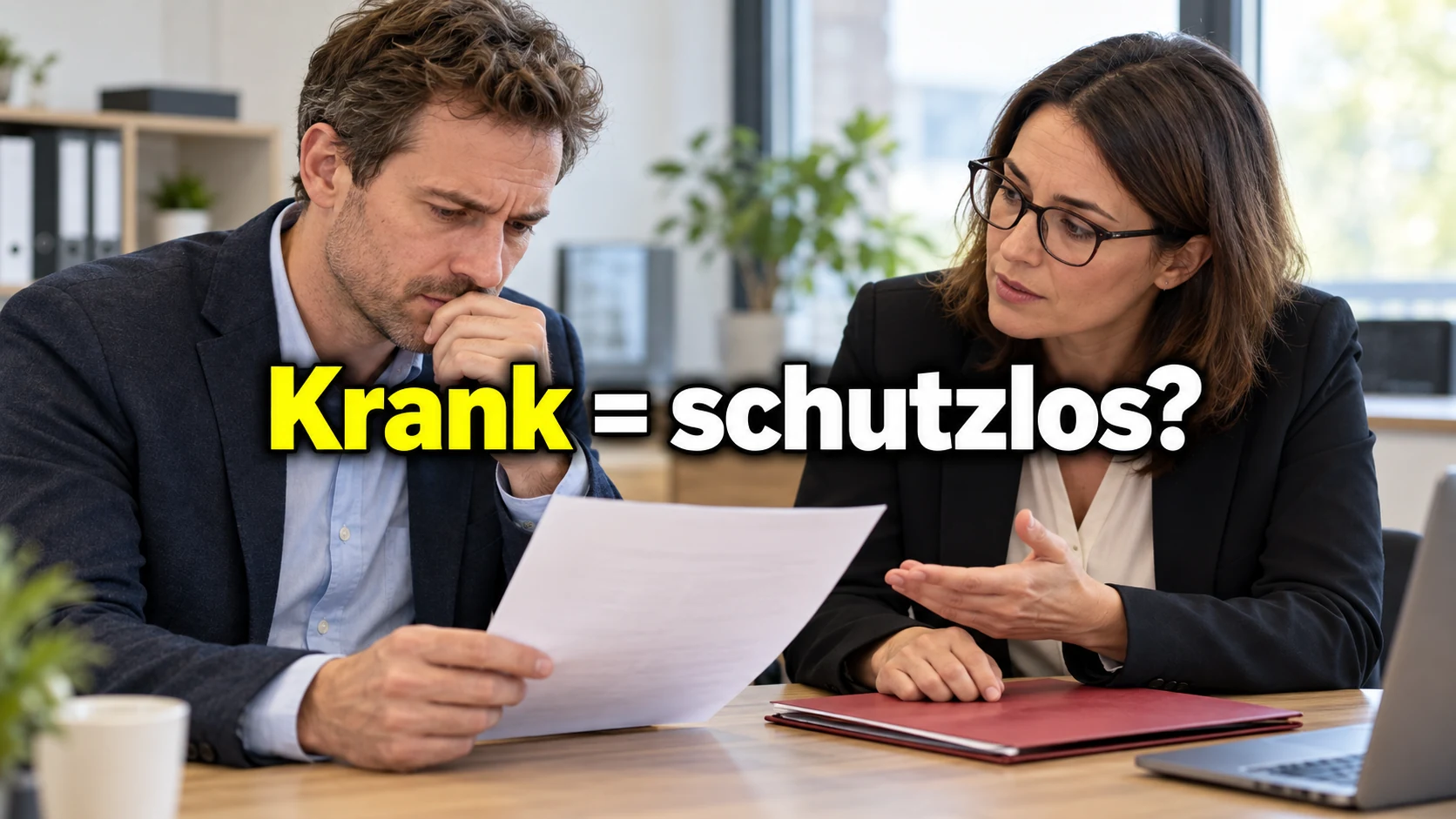Fiktiver Beschäftigter bespricht einen Arbeitsbrief mit einer beratenden Person am Bürotisch. Zentraler Text: Krank = schutzlos?