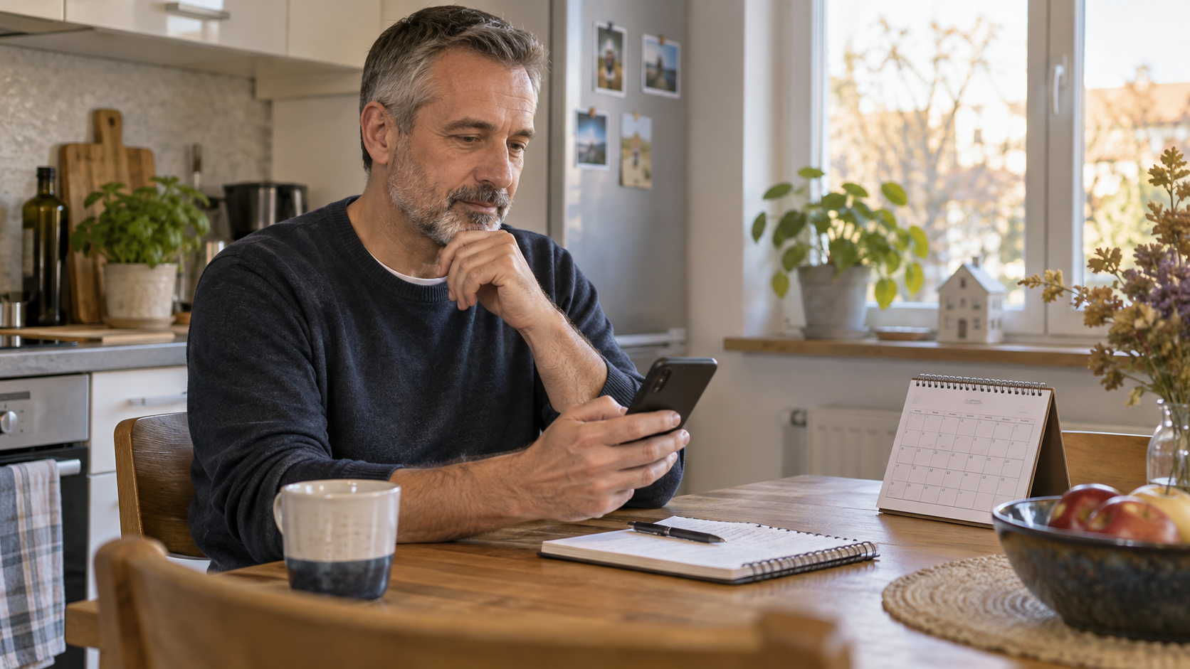 Beschäftigter betrachtet zu Hause sein Smartphone neben Kalender und Notizbuch.