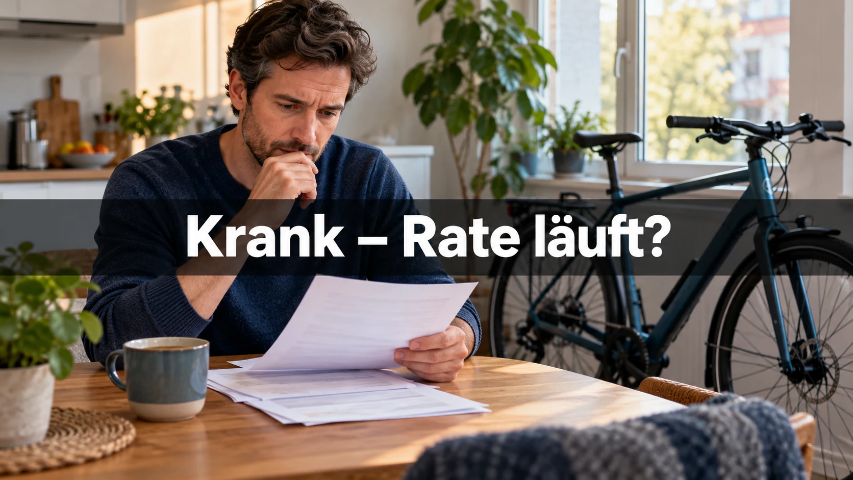 Fiktiver Beschäftigter prüft zu Hause Unterlagen; im Hintergrund steht ein Fahrrad. Zentraler Text: Krank – Rate läuft?