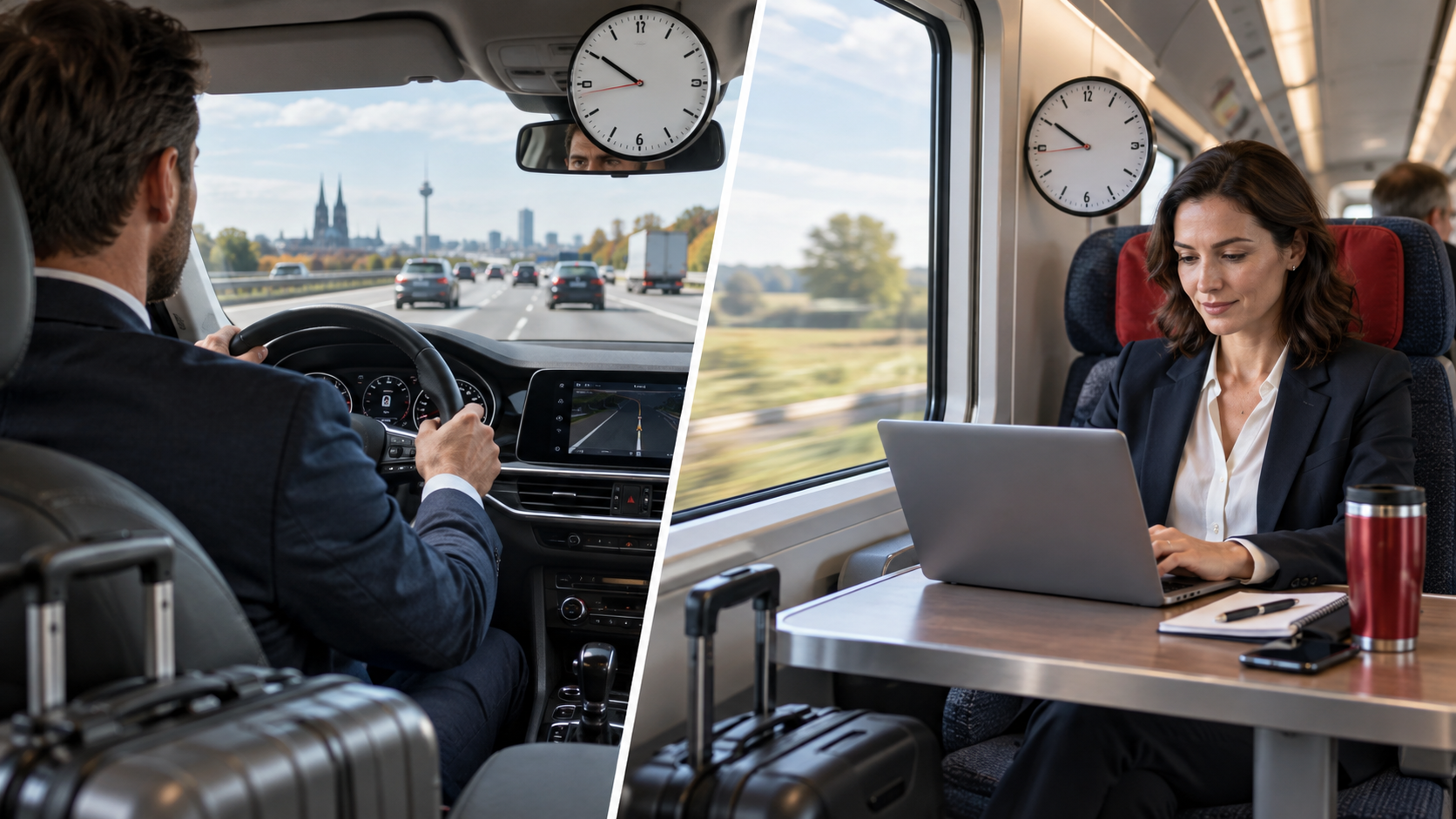 Geschäftsreisender fährt selbst mit dem Auto, während eine andere Beschäftigte im Zug am Laptop arbeitet.