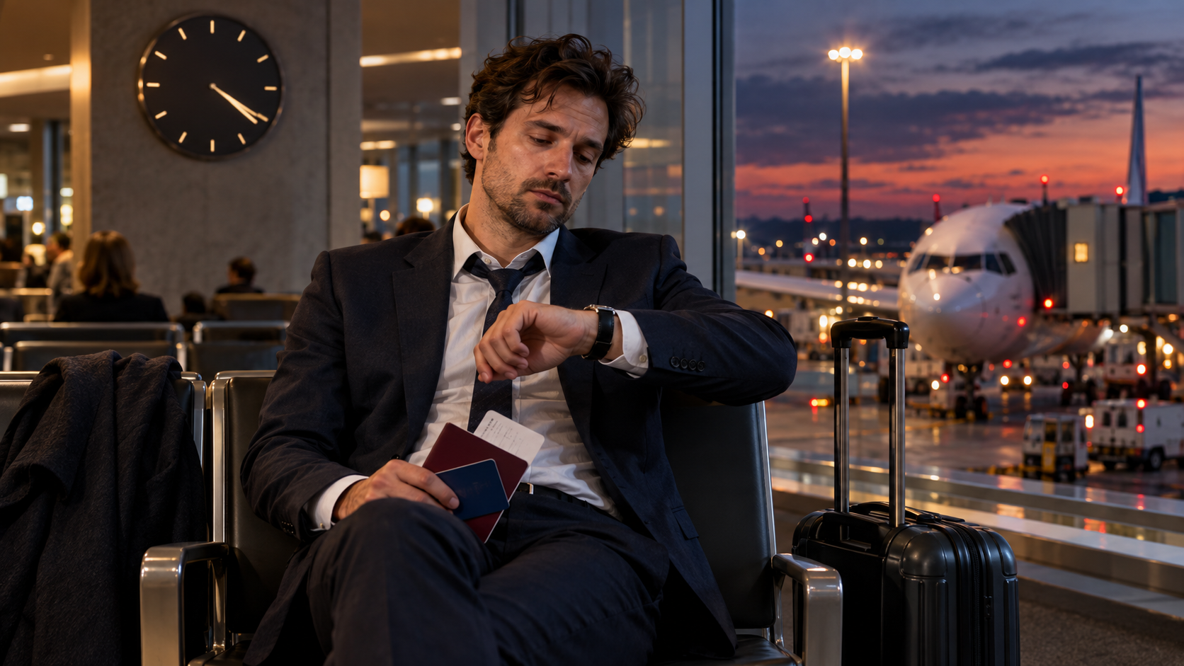 Erschöpfter Geschäftsreisender wartet am Abend mit Gepäck am Flughafen und prüft die Uhrzeit.