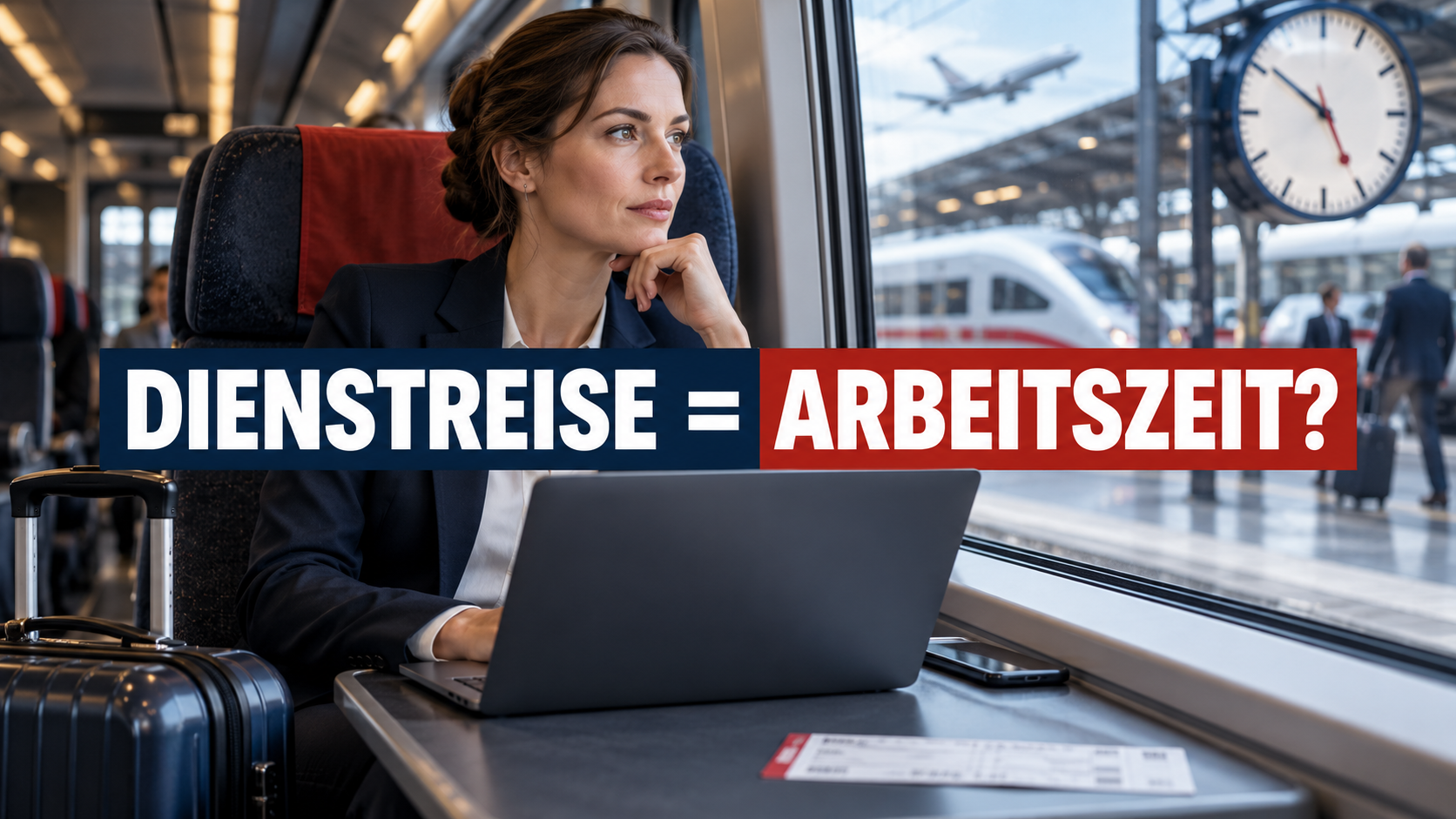 Geschäftsreisende im Zug mit der Frage: Dienstreise gleich Arbeitszeit?