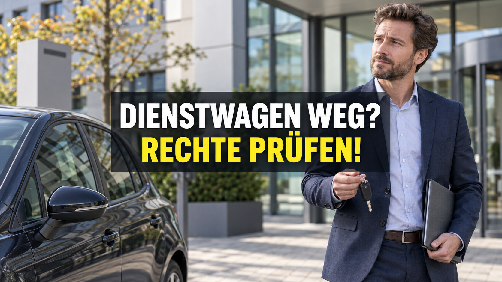 Arbeitnehmer mit Autoschlüsseln neben einem Firmenwagen; zentraler Hinweis: Dienstwagen weg? Rechte prüfen!