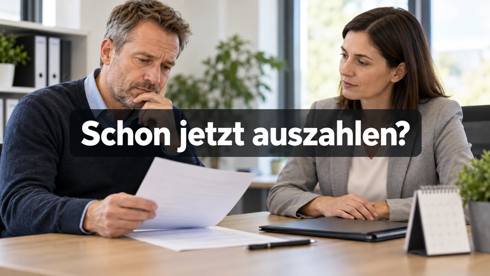 Fiktiver Beschäftigter bespricht Versorgungsunterlagen mit einer Person aus der Personalabteilung am Bürotisch. Zentraler Text: Schon jetzt auszahlen?