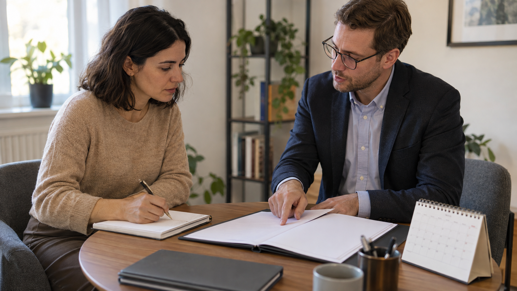 Bewerberin und Beraterin besprechen Unterlagen und einen Kalender in einem Beratungsraum.
