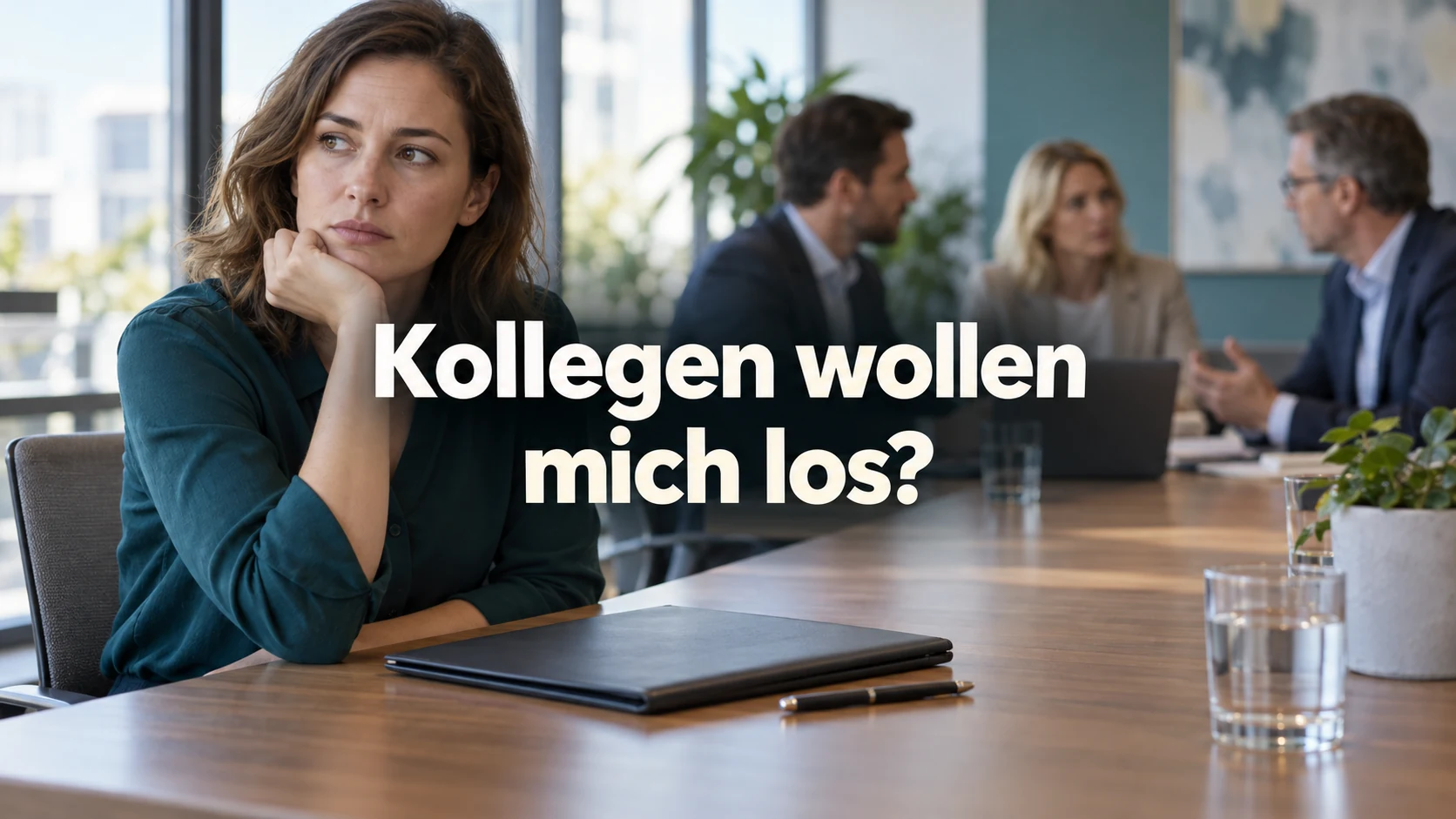 Fiktive Beschäftigte sitzt nachdenklich am Besprechungstisch, während andere im Hintergrund sprechen. Zentraler Text: Kollegen wollen mich los?