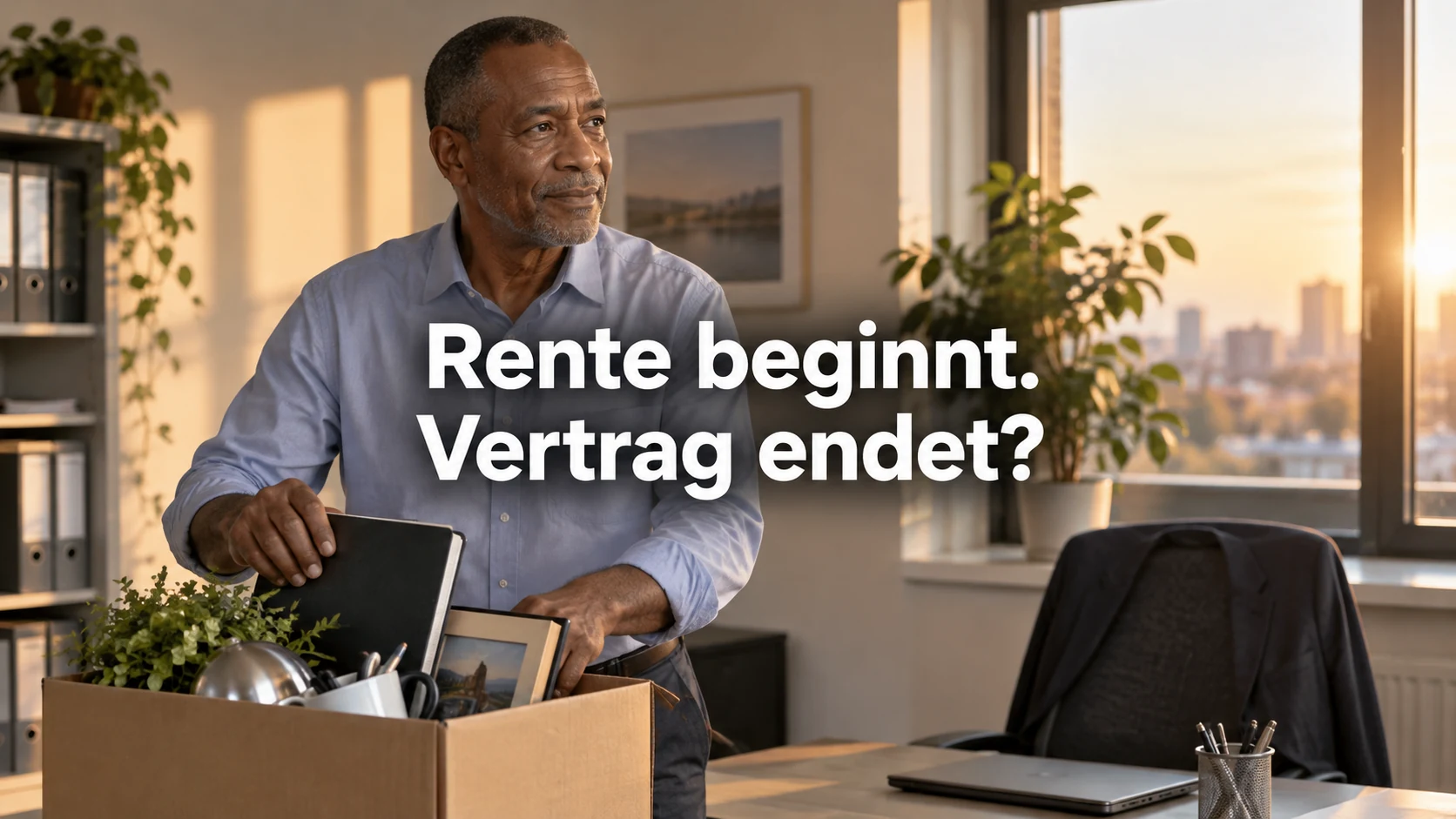 Zum Renteneintritt kündigen? Altersgrenze und Vertragsende prüfen. Repräsentative Szene; zentraler Text: Rente beginnt. Vertrag endet?