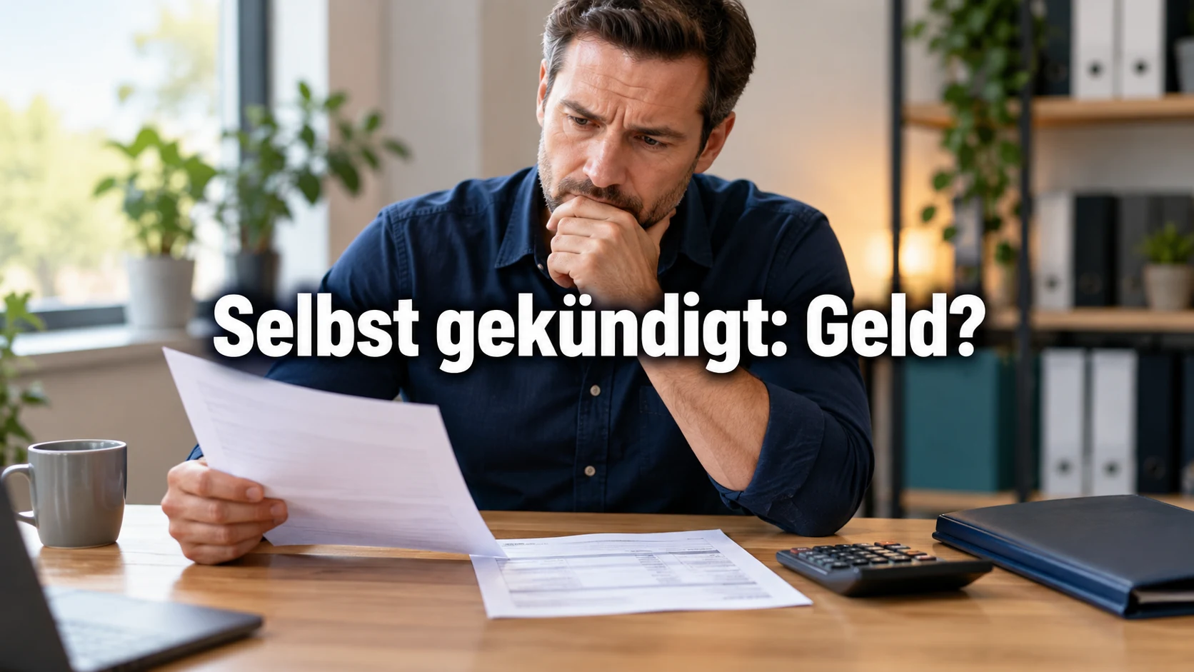 Fiktiver Beschäftigter prüft Arbeitsbrief und Abrechnung am Schreibtisch neben einem Taschenrechner. Zentraler Text: Selbst gekündigt: Geld?