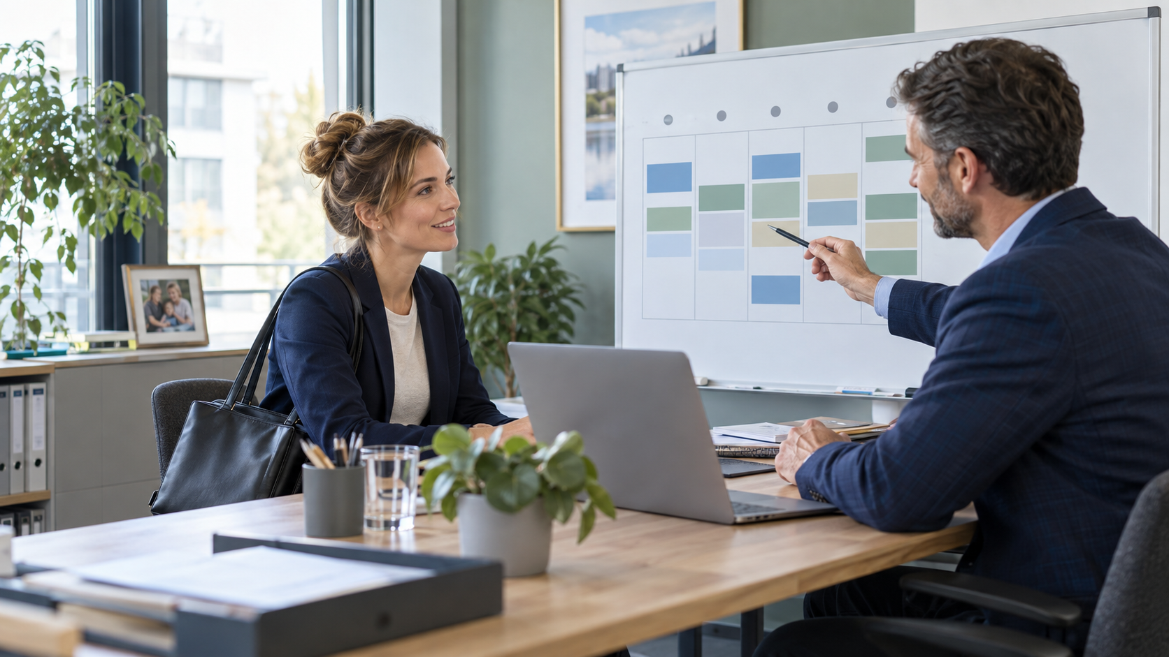Arbeitnehmerin bespricht mit ihrem Vorgesetzten einen Wochenplan für Teilzeitarbeit während der Elternzeit.