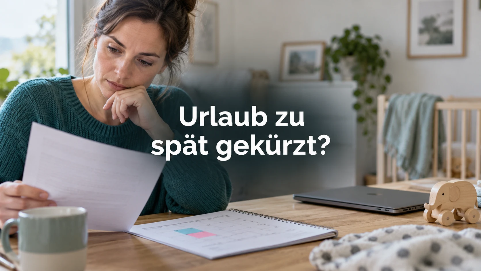 Fiktiver Elternteil prüft Brief und Urlaubskalender am heimischen Tisch. Zentraler Text: Urlaub zu spät gekürzt?