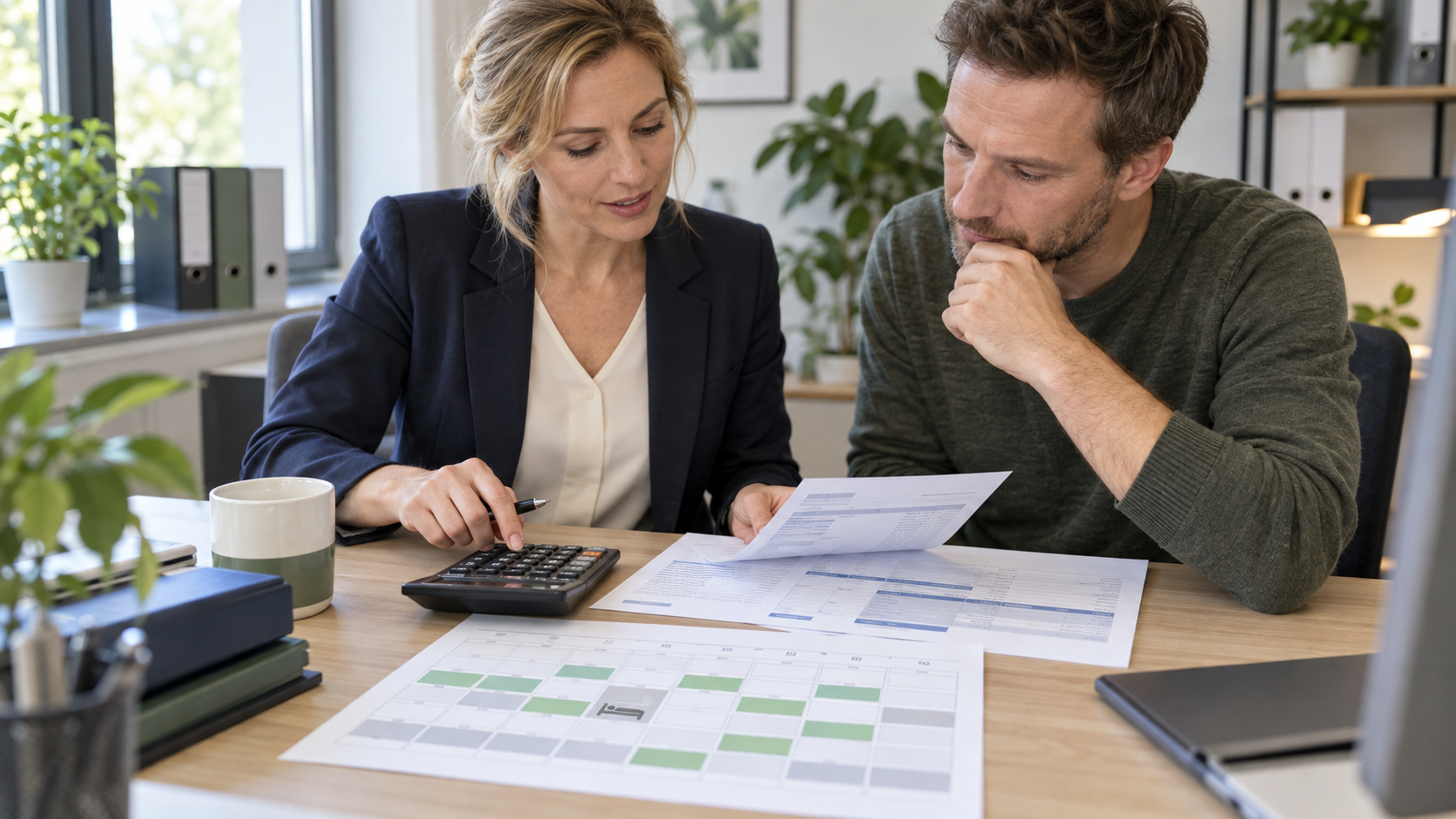 Arbeitnehmer und Lohnsachbearbeiterin berechnen die Entgeltfortzahlung anhand von Dienstplan und Abrechnung.