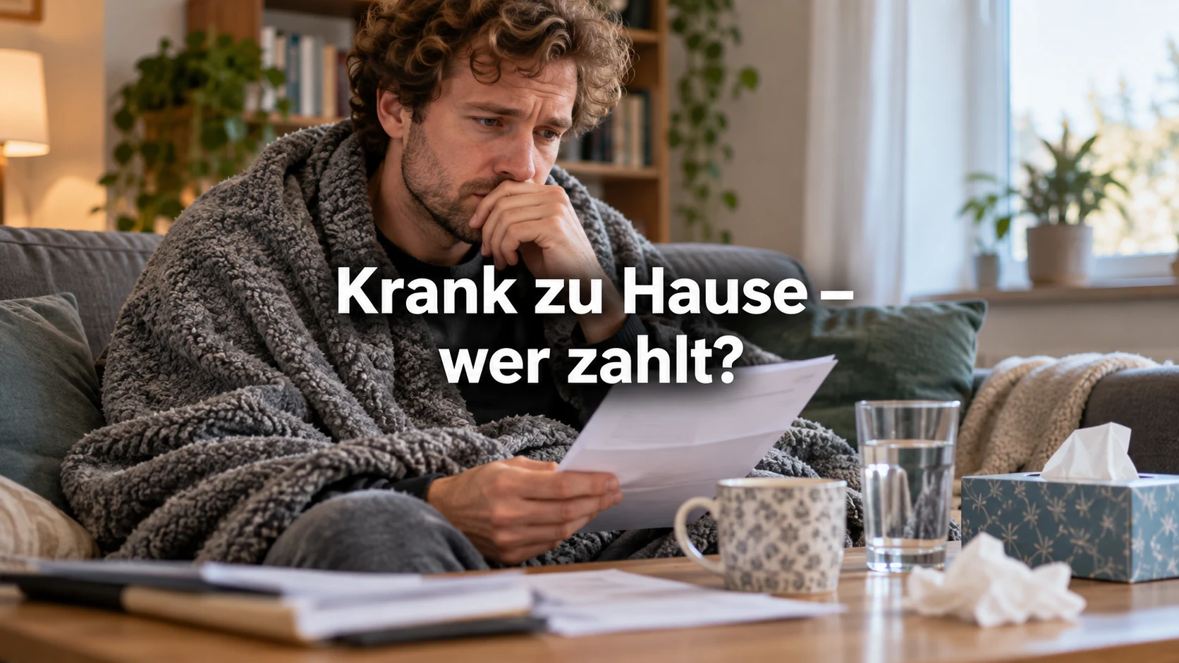 Entgeltfortzahlung bei Krankheit: 6 Wochen, Höhe und neue Erkrankung. Repräsentative Szene; zentraler Text: Krank zu Hause – wer zahlt?