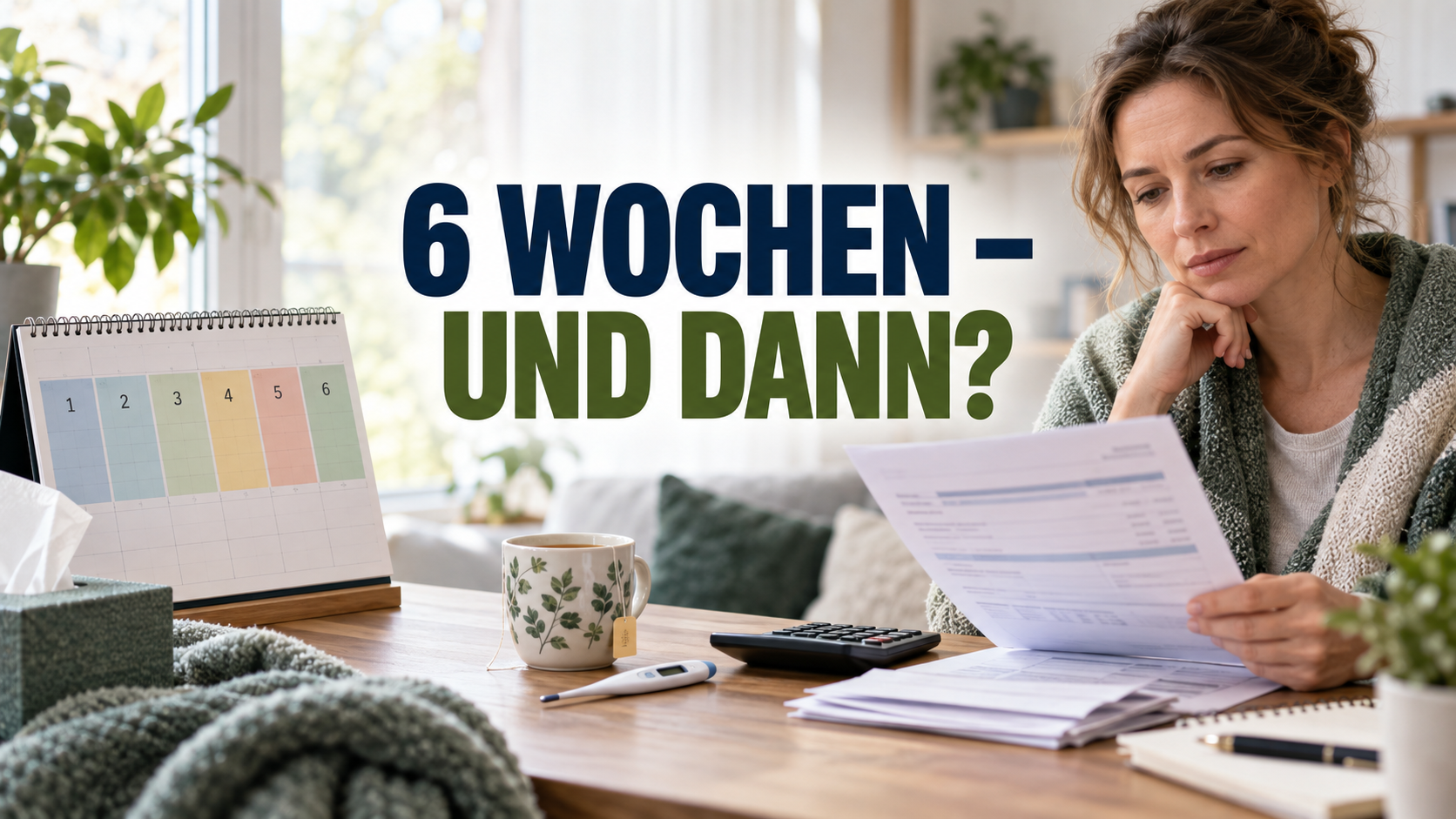 Erkrankte Arbeitnehmerin prüft Kalender und Lohnabrechnung mit der Frage: 6 Wochen – und dann?