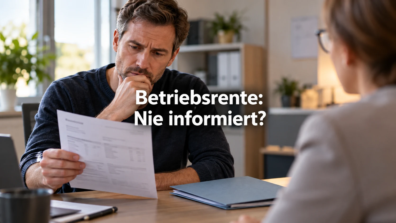 Fiktiver Beschäftigter prüft Unterlagen am Arbeitsplatz; zentral steht die Frage: Betriebsrente: Nie informiert?