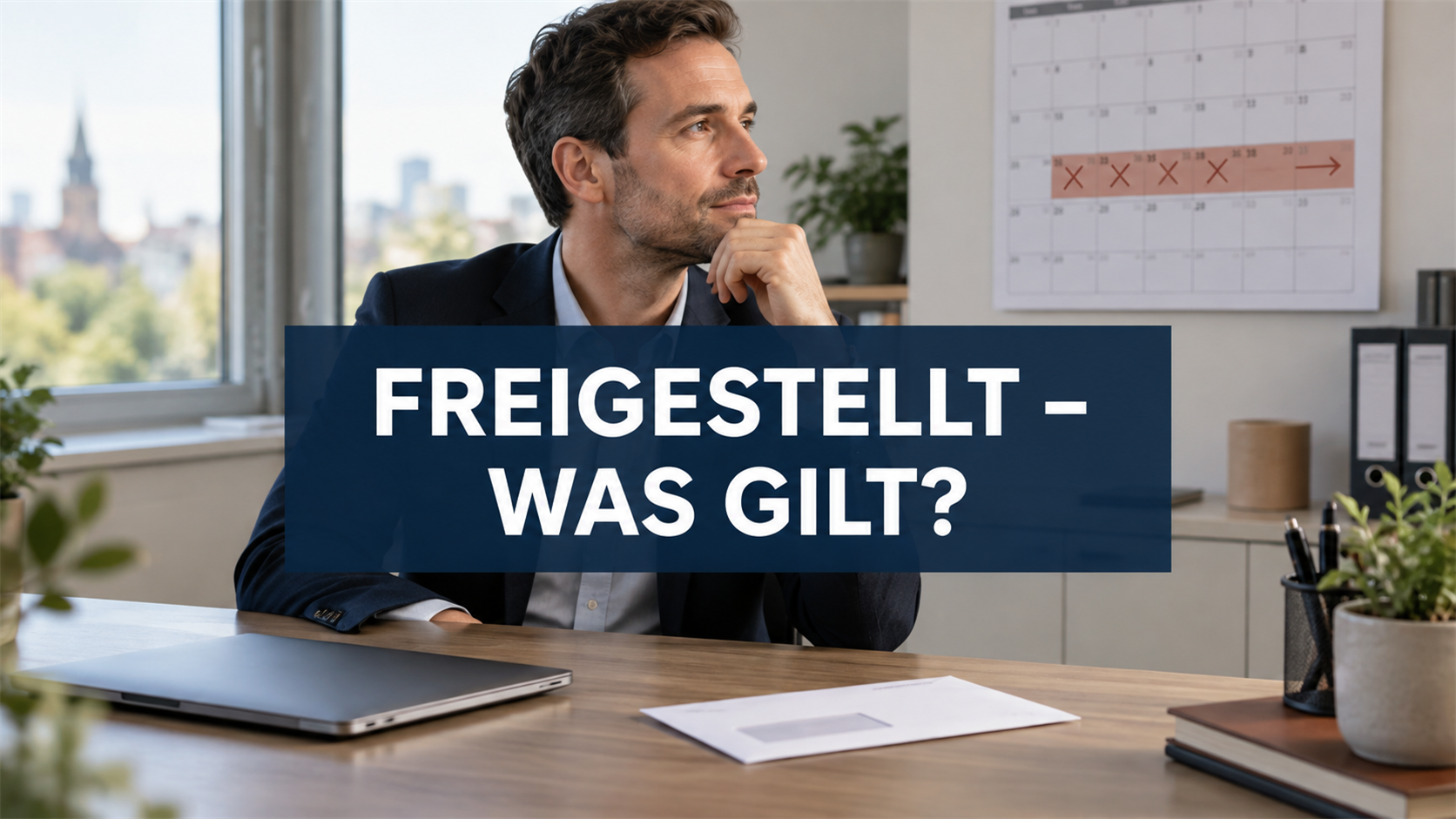 Freigestellter Arbeitnehmer im Büro vor einem Kalender mit der Frage: Freigestellt – was gilt?