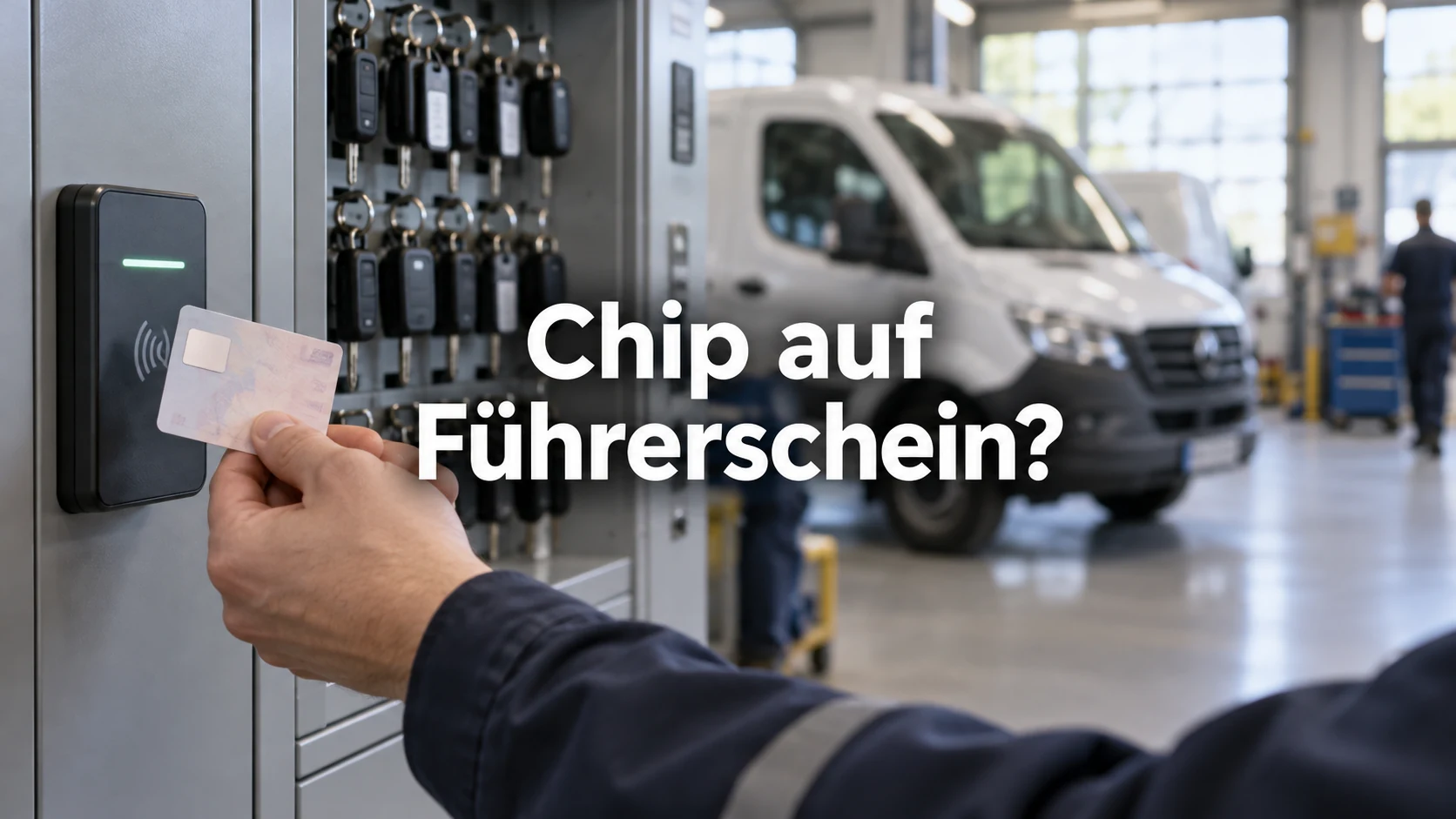 Fiktive Hand hält eine neutrale Karte mit kleinem Aufkleber an einen Leser im Firmenfuhrpark. Zentraler Text: Chip auf Führerschein?