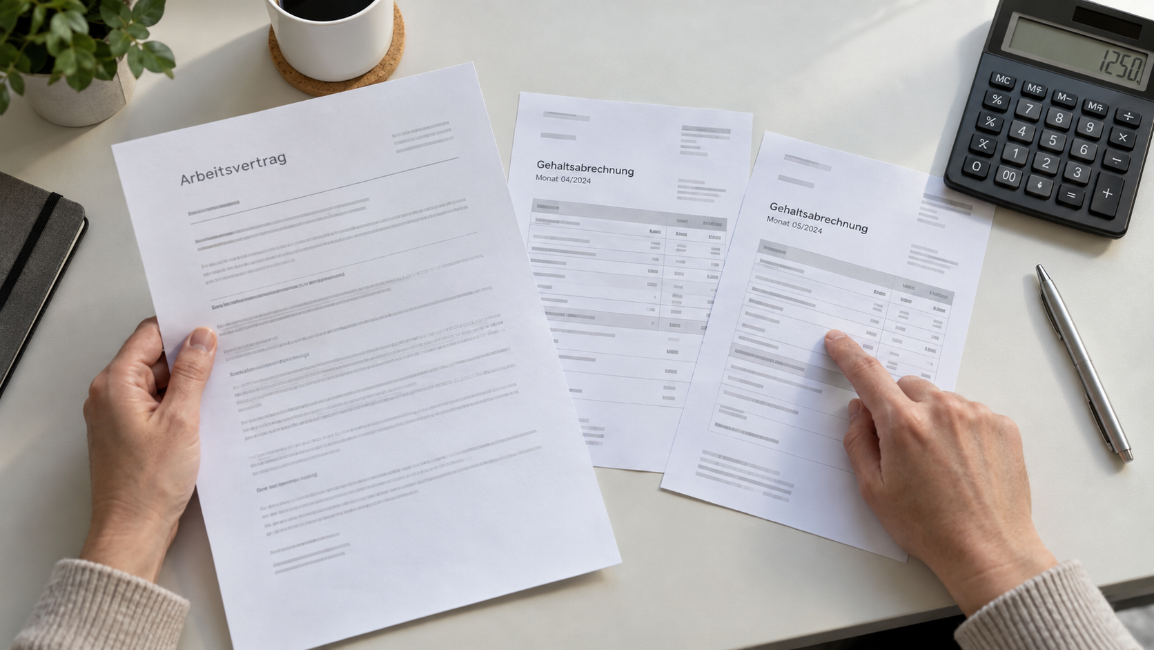 Hände vergleichen einen anonymisierten Arbeitsvertrag mit zwei fiktiven monatlichen Gehaltsabrechnungen.
