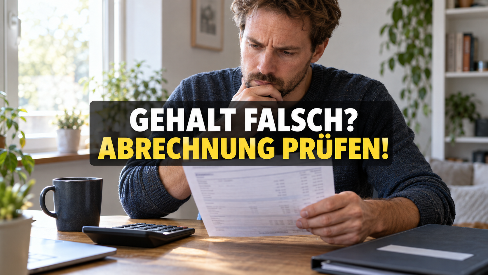 Arbeitnehmer prüft eine anonymisierte Gehaltsabrechnung neben einem Rechner; zentraler Hinweis: Gehalt falsch? Abrechnung prüfen!