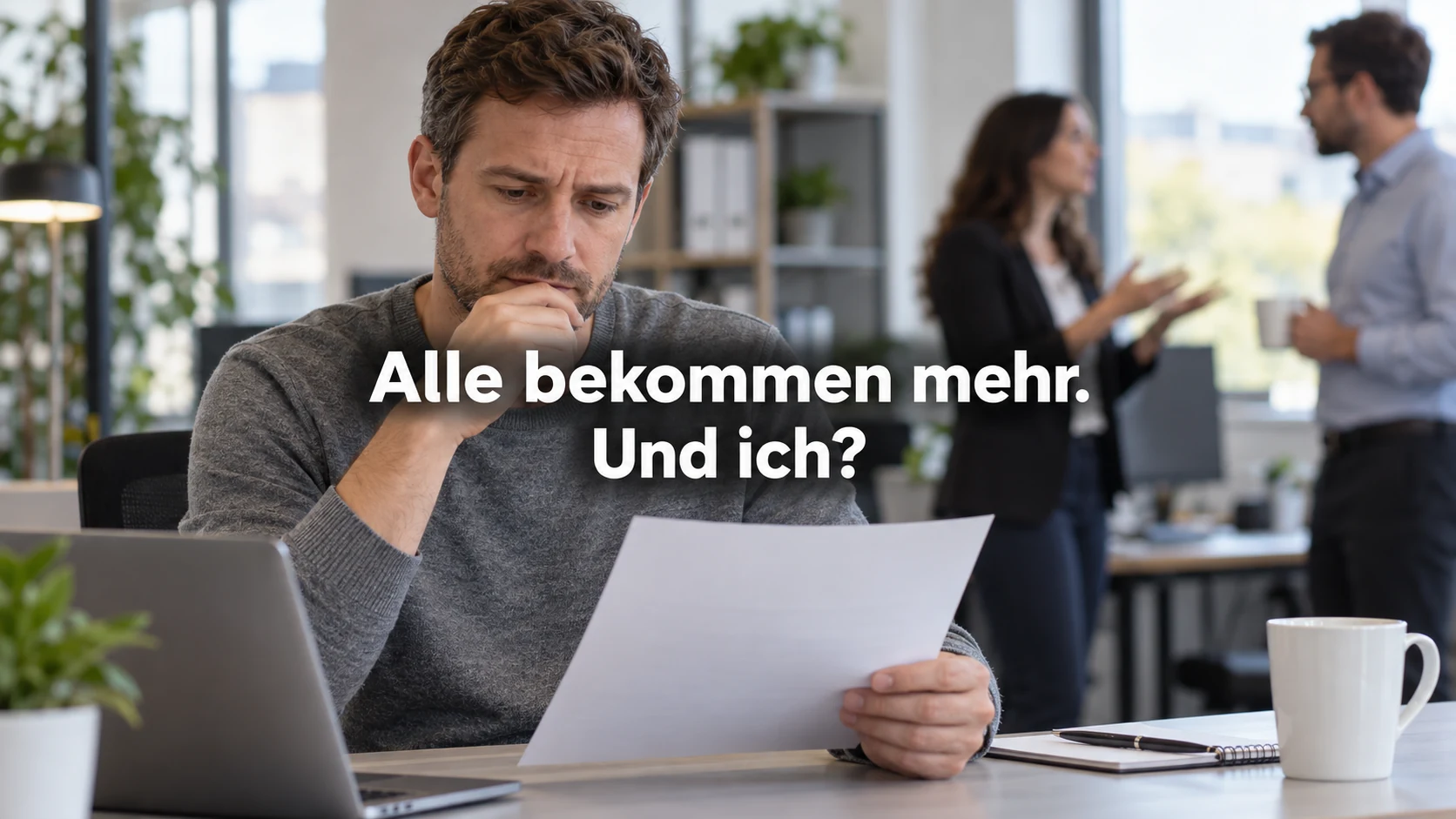 Fiktiver Beschäftigter prüft ein Gehaltsdokument im Büro. Zentraler Text: Alle bekommen mehr. Und ich?