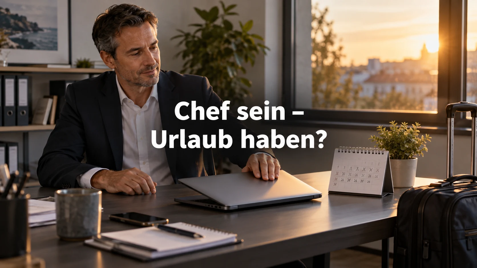 Geschäftsführer im Büro schließt einen Laptop; Reisegepäck und Kalender stehen für Urlaubsplanung. Zentraler Text: Chef sein – Urlaub haben?
