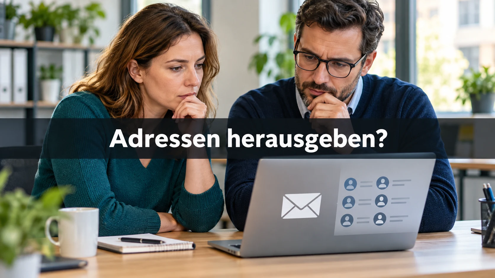 Zwei fiktive Beschäftigte betrachten am Laptop abstrahierte E-Mail- und Kontaktsymbole. Zentraler Text: Adressen herausgeben?