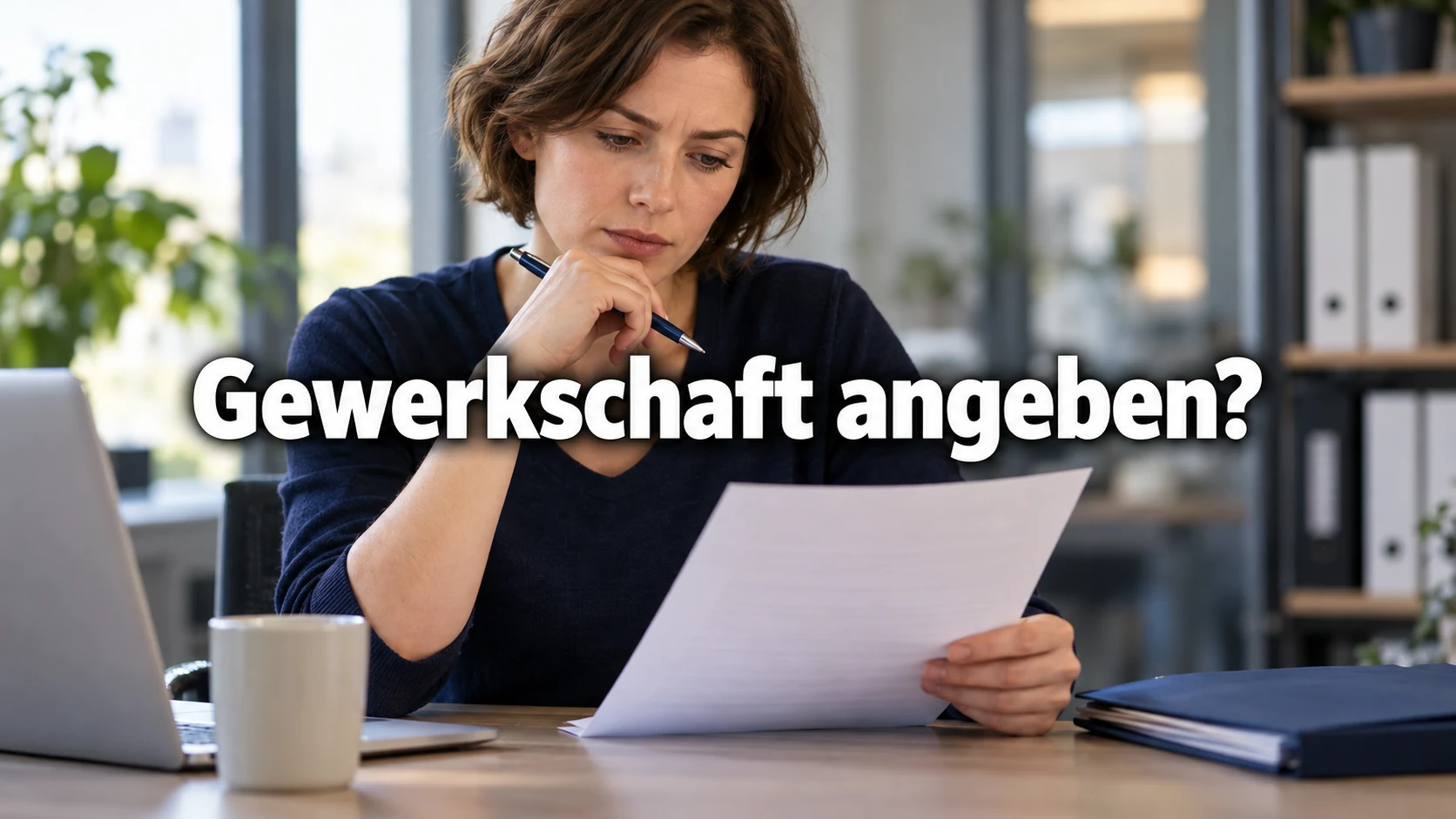 Fiktive Beschäftigte prüft einen Fragebogen am Arbeitsplatz. Zentraler Text: Gewerkschaft angeben?